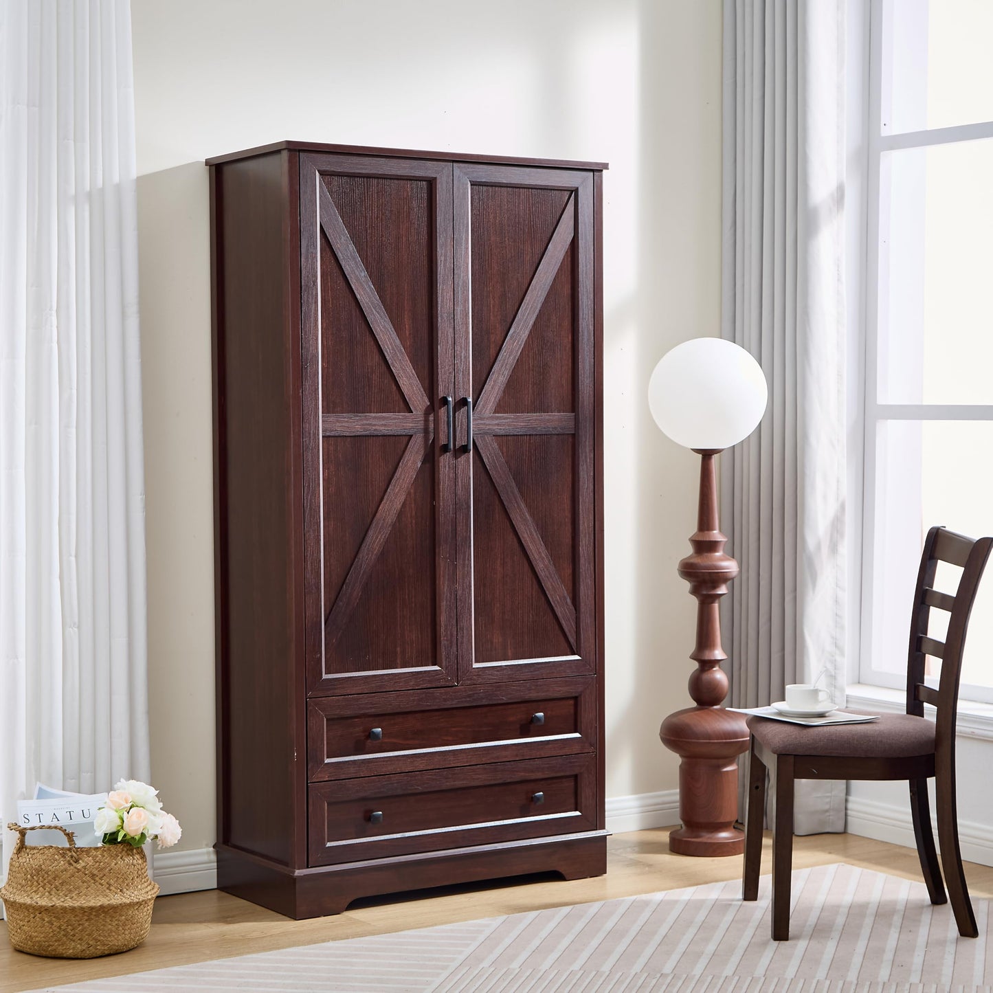 SOOWERY Dresser for Bedroom, Farmhouse Dresser with 2 Wooden Drawers and Storage Cabinets, 71 Inches Tall Chest of Drawers for Bedroom, Living Room, Hallway, Dark Cherry