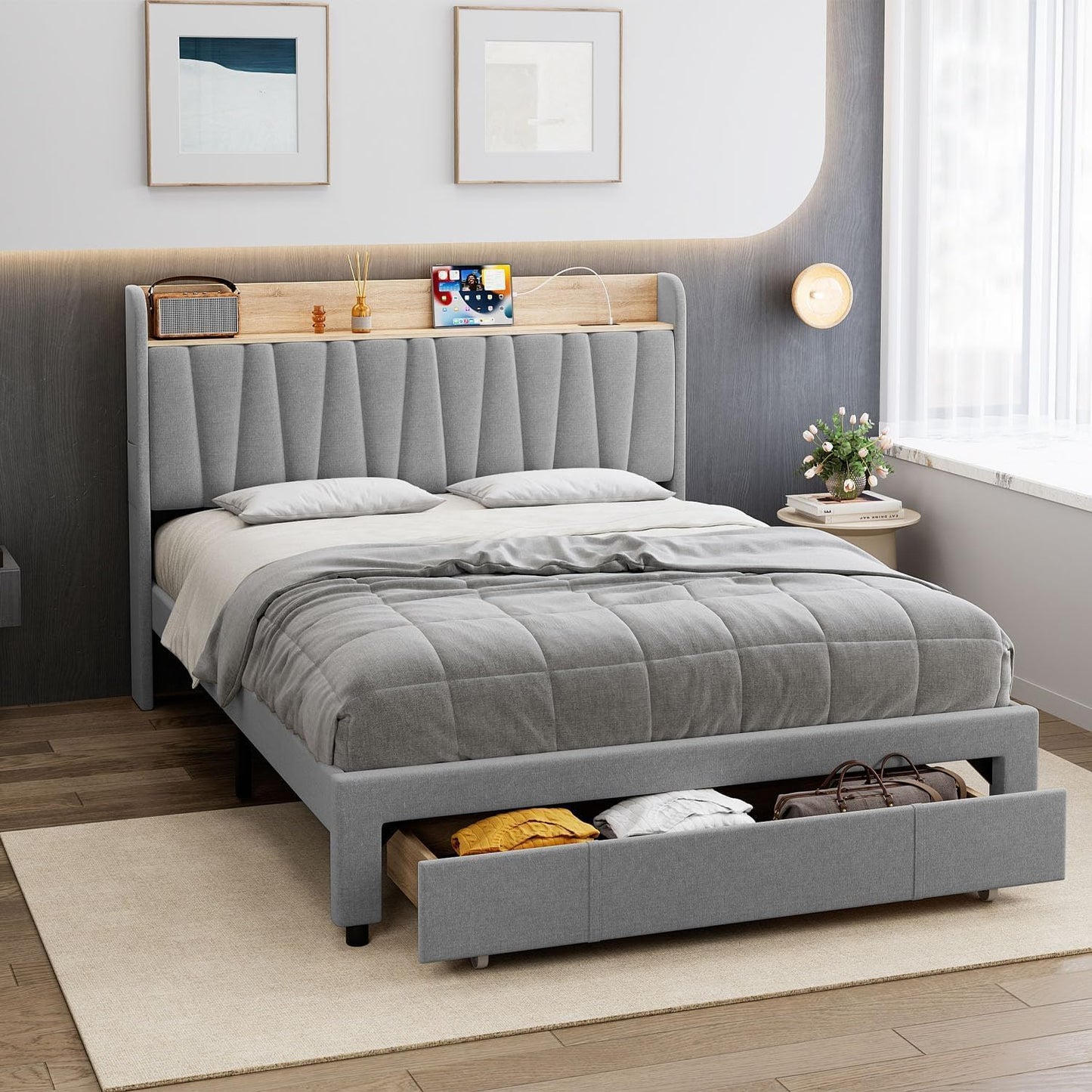 Queen Size Bed Frame with Headboard, Wooden Full Bed Frame with Storage Headboard and Charging Station, Metal Platform BedFrame with Large Drawers, No Box Spring Needed, Easy Assembly, Grey