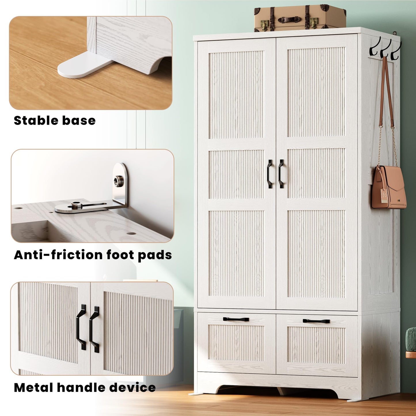 ANCTOR Armoire Wardrobe Closet, 71" H Wooden Clothing Storage Cabinet with 2 Doors and 2 Drawers, Bedroom Freestanding Wardrobe Combination with Hanging Rod and Adjustable Shelves, White