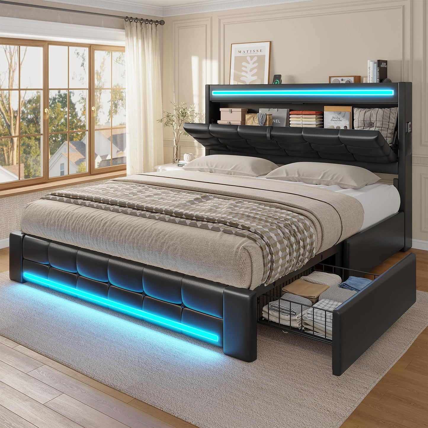 ADORNEVE Queen Bed Frame with Storage Headboard & 4 Drawers, LED Bed Frame Queen with Charging Station, Leather Upholstered Platform Bed Frame with Button Tufted, No Box Spring Needed, Black PU