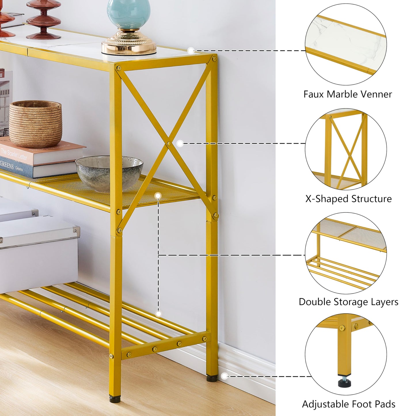 Hoctieon Gold Console Table, 3 Tier Entryway Table, Hallway Table, Narrow Sofa Table with Shelves, Entrance Table for Entryway, Gold and White