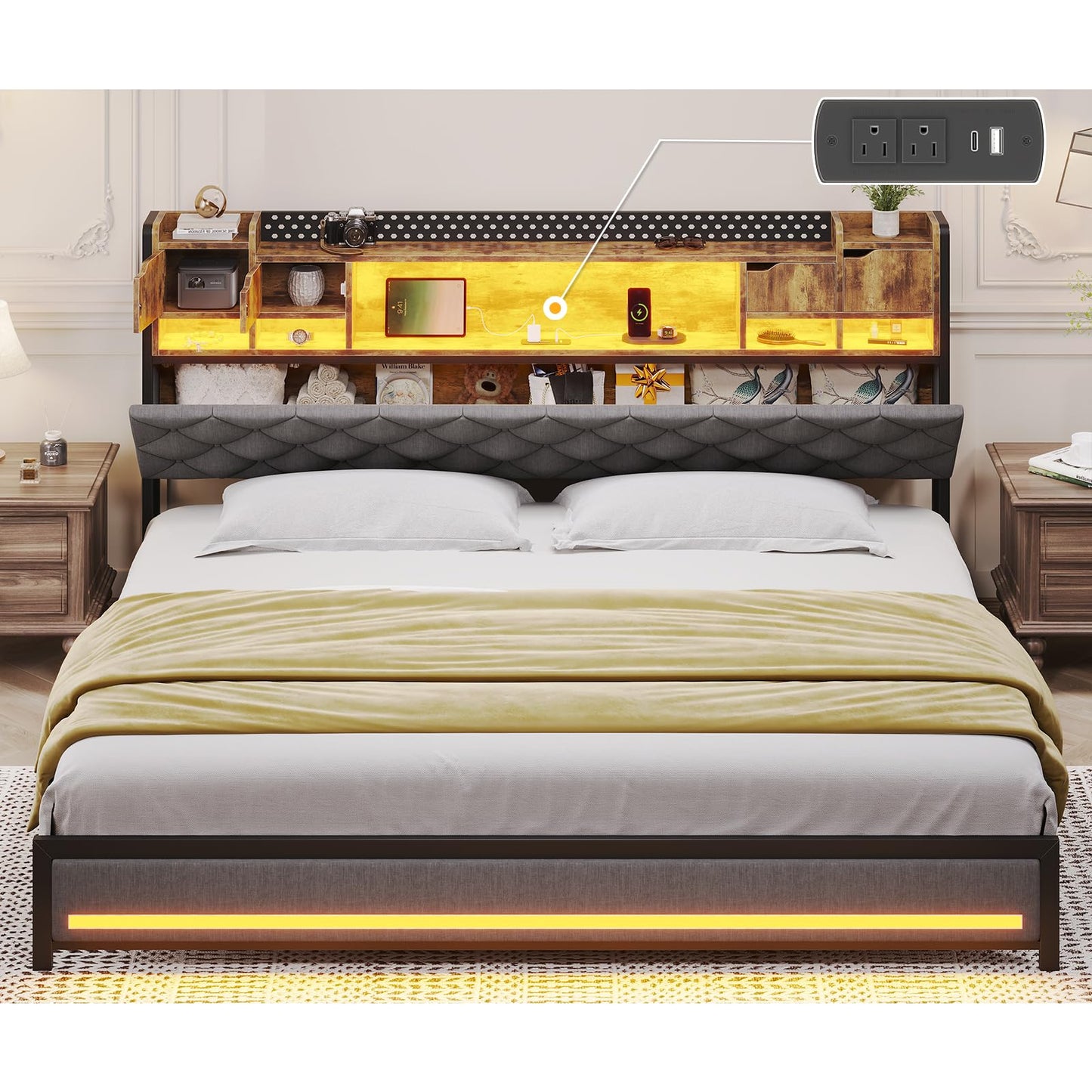 busyaeh King Size Bed Frame with Upholstered Storage Headboard, King Bed Frame with Smart LED Lights, Camas King Bed with Charging Station,Noise-Free, Metal Support, No Box Spring Needed, Gray
