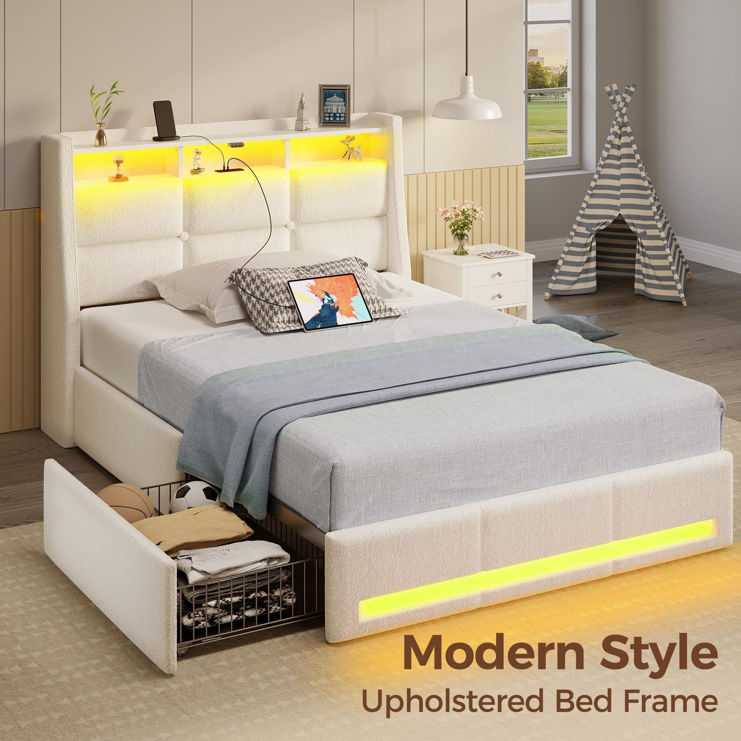 Rolanstar Twin Size Bed Frame with LED Lights and Charging Station, Upholstered Bed Storage Headboard & Drawers, Heavy Duty Wood Slats, Easy Assembly, White