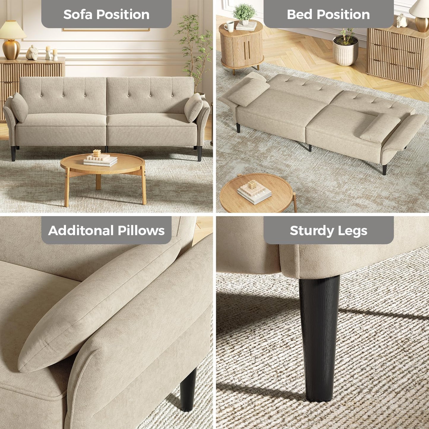 COPIAE 89” Futon Sofa Bed, Velvet Fabric Comfy Futon Couch Bed with 2 Square Pillows, Convertible Sleeper Sofa with Adjustable Backrest& Armrests, Modern Loveseat Sleeper for Living Room, Beige