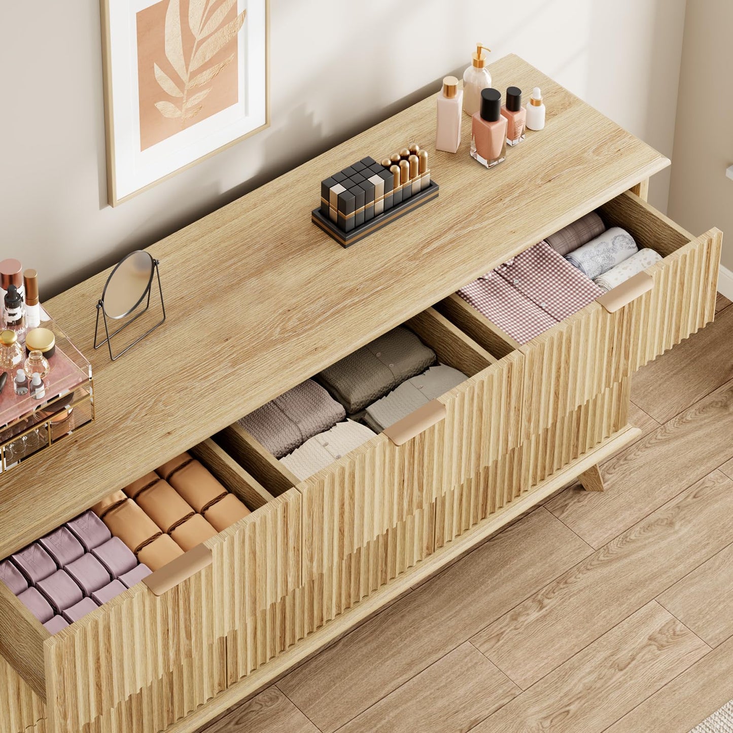 QUW Fluted 9 Drawers Dresser, 59.1" Wide Modern Chest of Drawers with Metal Handle, Large Dresser TV Stand, Wood Drawer Organizer for Bedroom, Living Room, Hallway, Dormitory, Natural Oak