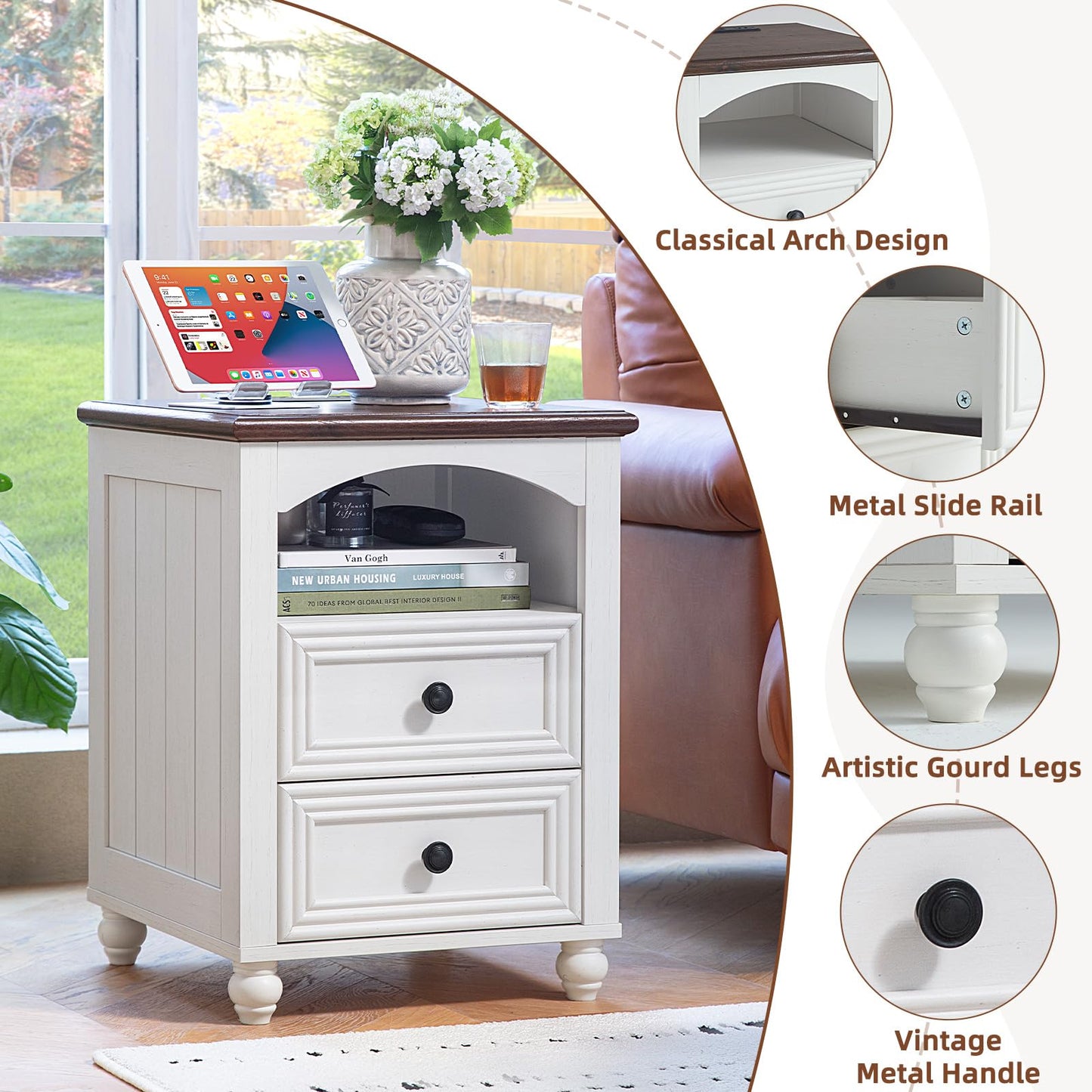 RWYHG 18" Farmhouse Night Stand with Charging Station, White Wood Nightstand with 2 Drawers, Bedside End Table with Shelf Storage, Bed Side Tables Cabinet for Bedroom, Living Room, and Closet