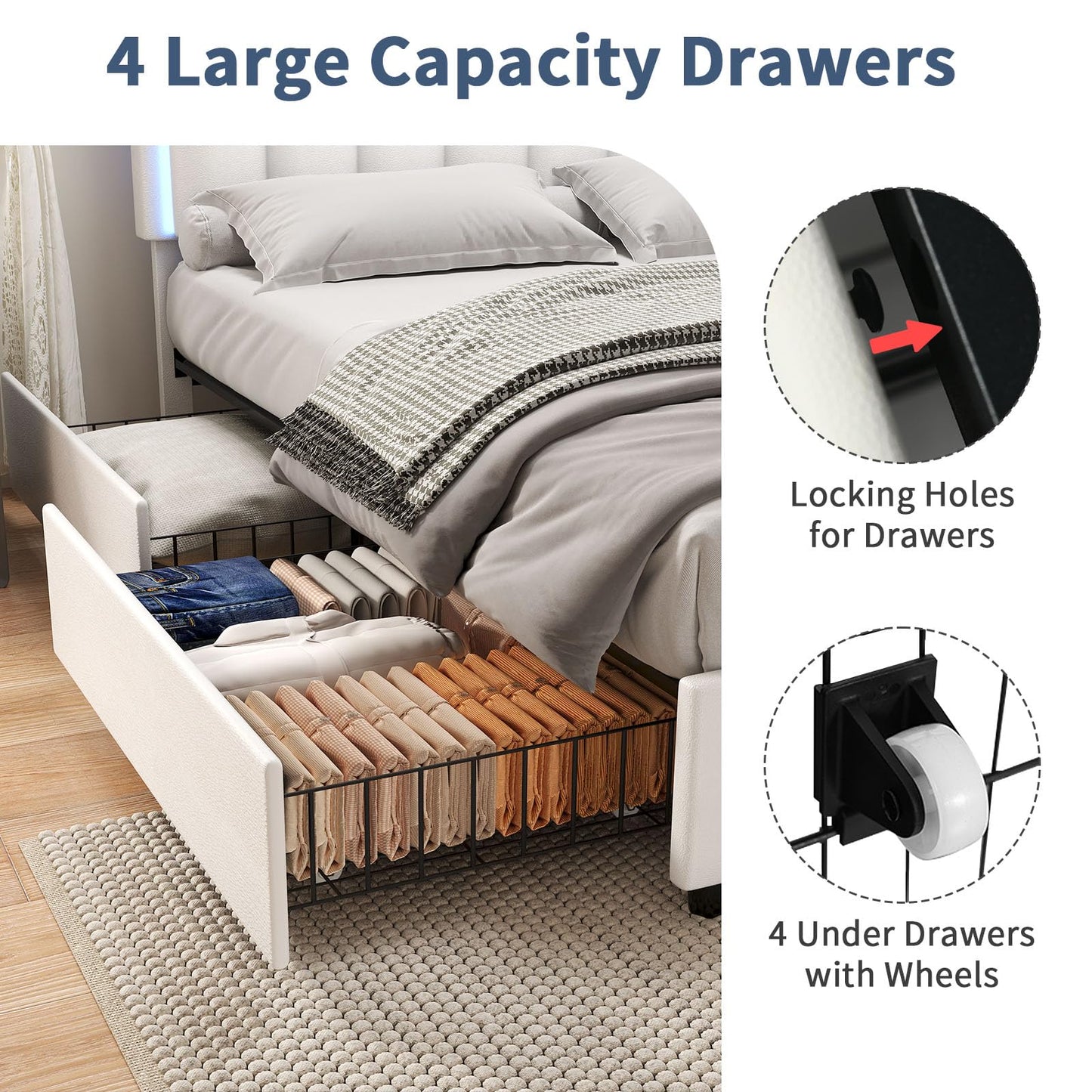 IMMERSTABLE King Bed Frames with 4 Drawers, Bed Frame King Size with LED Lights, Upholstered Bed Frame King Size and Headboard, No Box Spring Needed, Noise-Free, Easy Assembly, White
