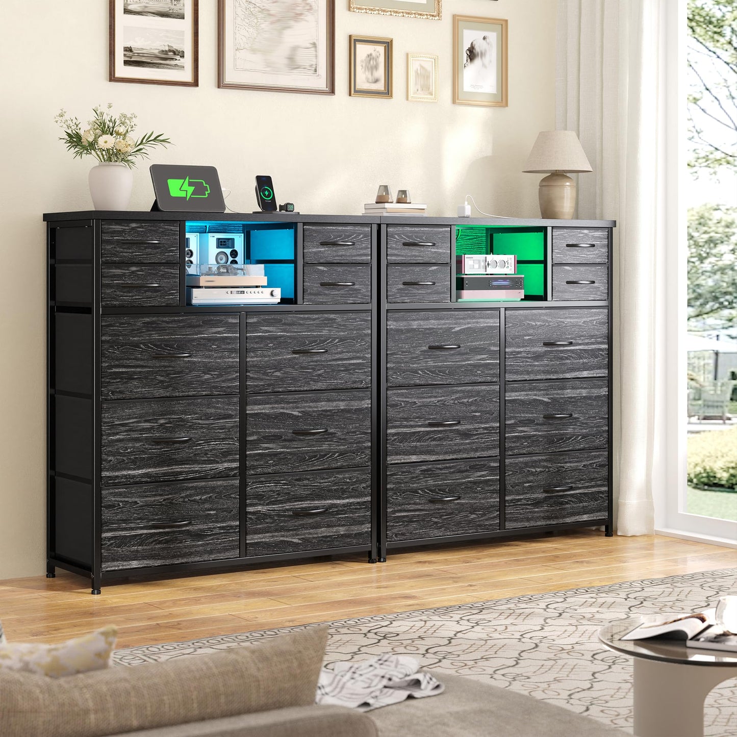 DurayLoly Dresser for Bedroom with Charging Station and LED and 10 Fabric Drawers, Sturdy Bedroom Dresser for Storage, Closet, Hallway (Black)