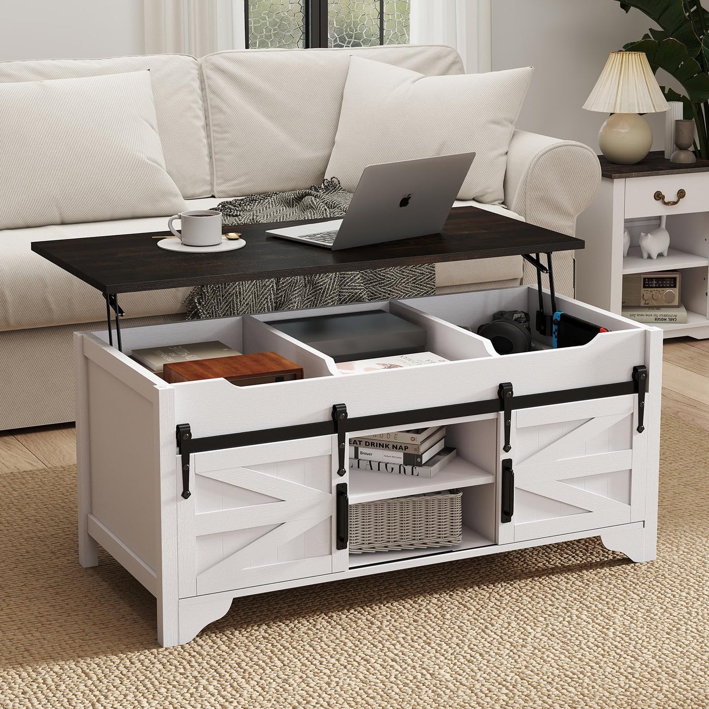 Kmax Lift Top Coffee Table, Farmhouse Coffee Table with Hidden Storage & Sliding Barn Door, Modern Rectangular Rustic White Living Room Center Table, Black Top