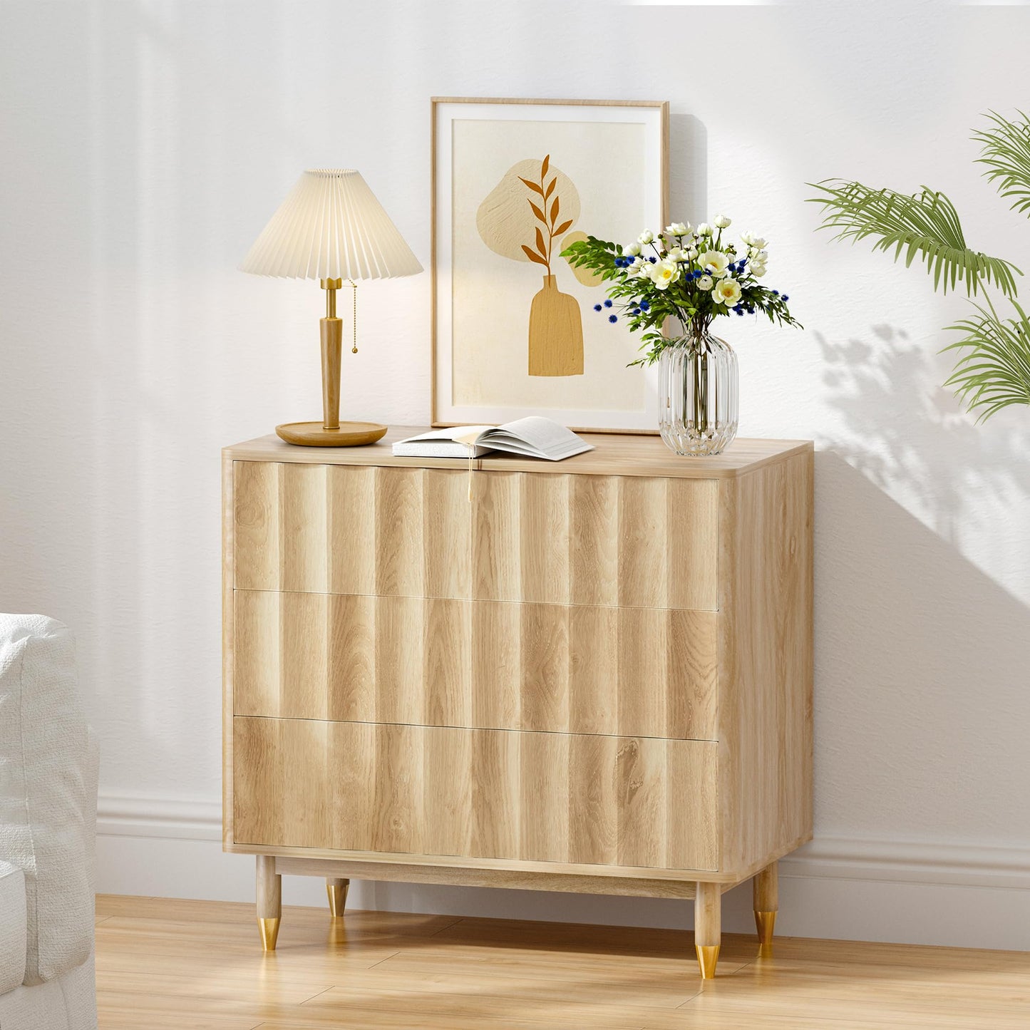 Caspellaire Fluted 3 Drawer Dresser, 31.50" Wide Modern Chest of Drawer, Wood Drawer Organizer for Bedroom, Living Room, Hallway