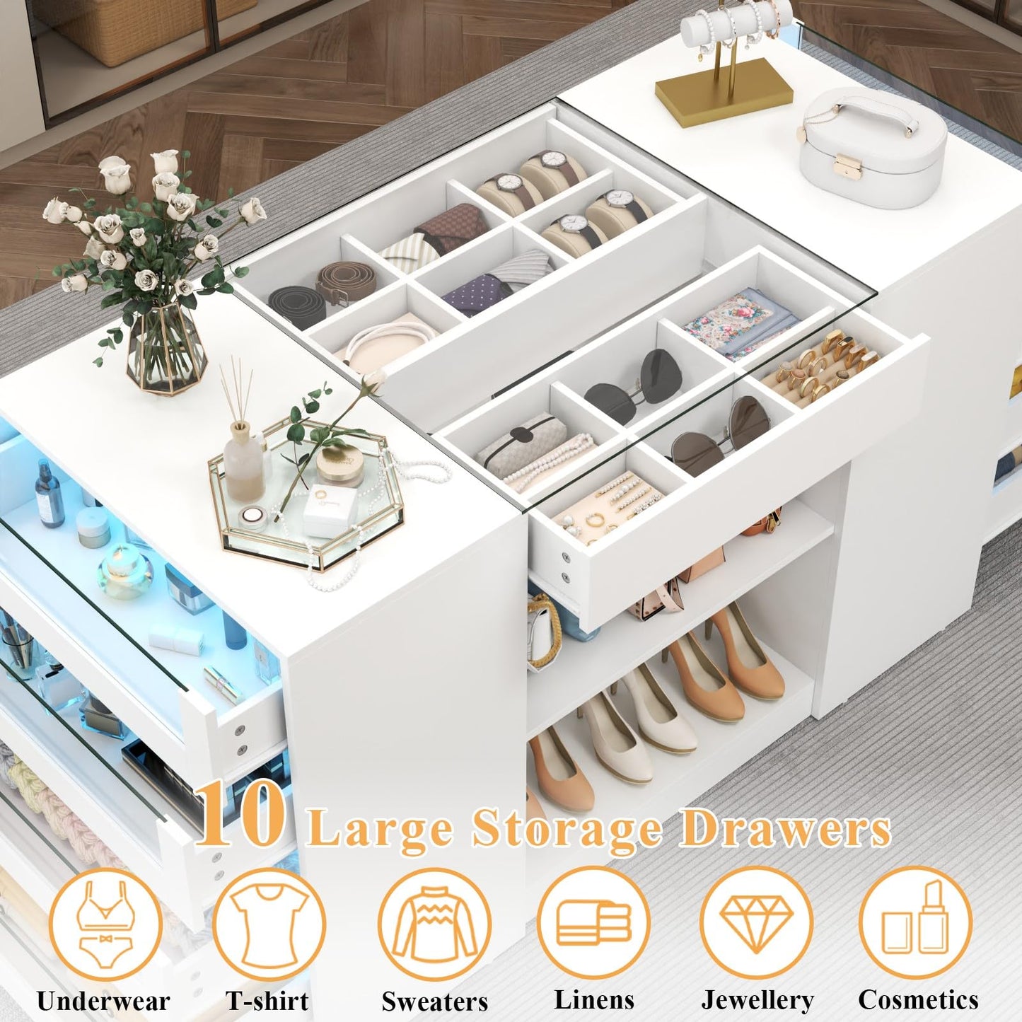 Gyfimoie Closet Island with Drawers, Armoire Wardrobe Closet with LED Lights White Dresser Walk-in Closets with Glass Top for Bedroom & Cloakroom