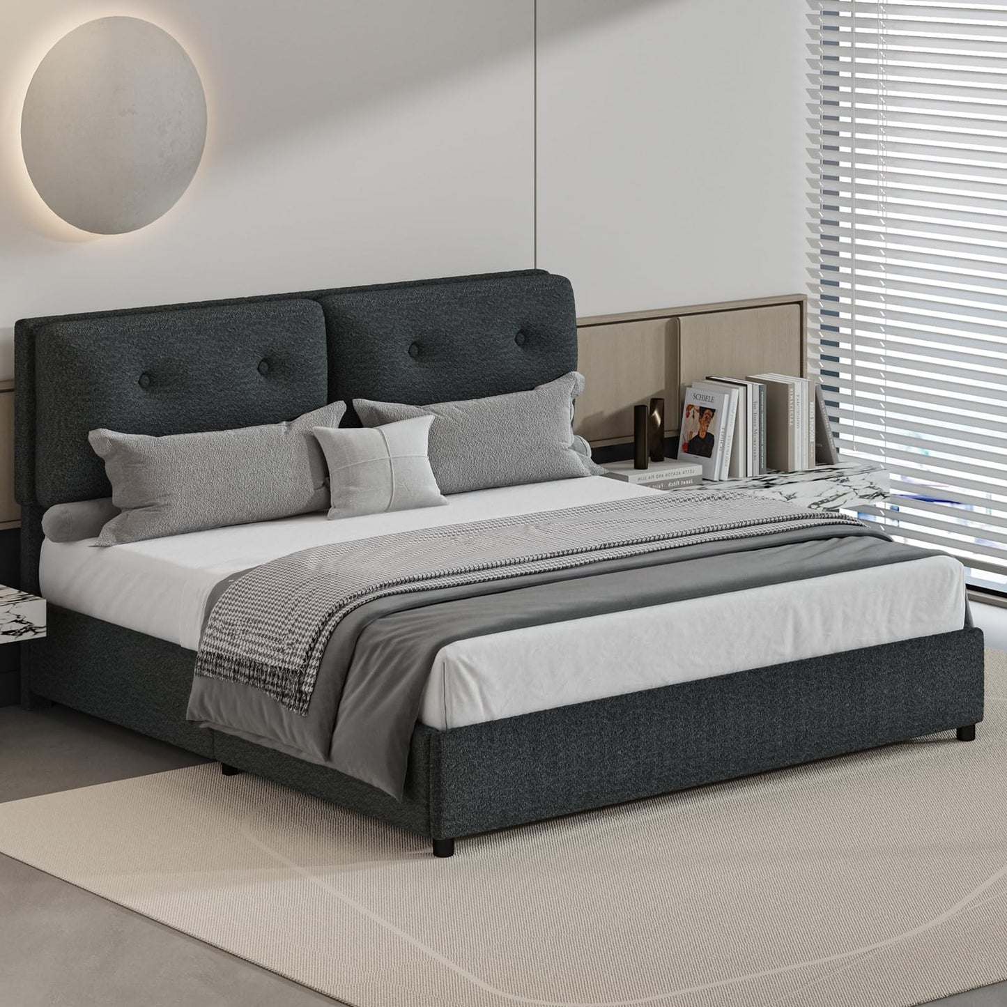 CHABUILDREARK King Size Bed Frame, Upholstered Boucle Platform Bed with Headboard, Cloud Bed Frames with Soft Headboard, Wooden Slats Support, No Box Spring Needed, Easy Assembly, Dark Grey