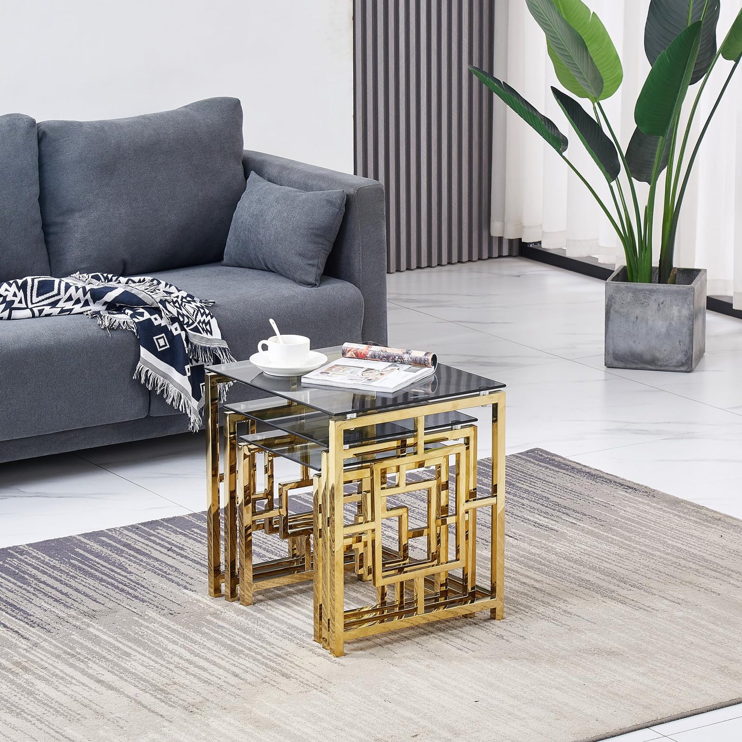 ENJAOUSLF Set of 3 Nesting Coffee Tables Gold Stainless Steel Blue Grey Tempered Glass Modern Sofa Side End Tables