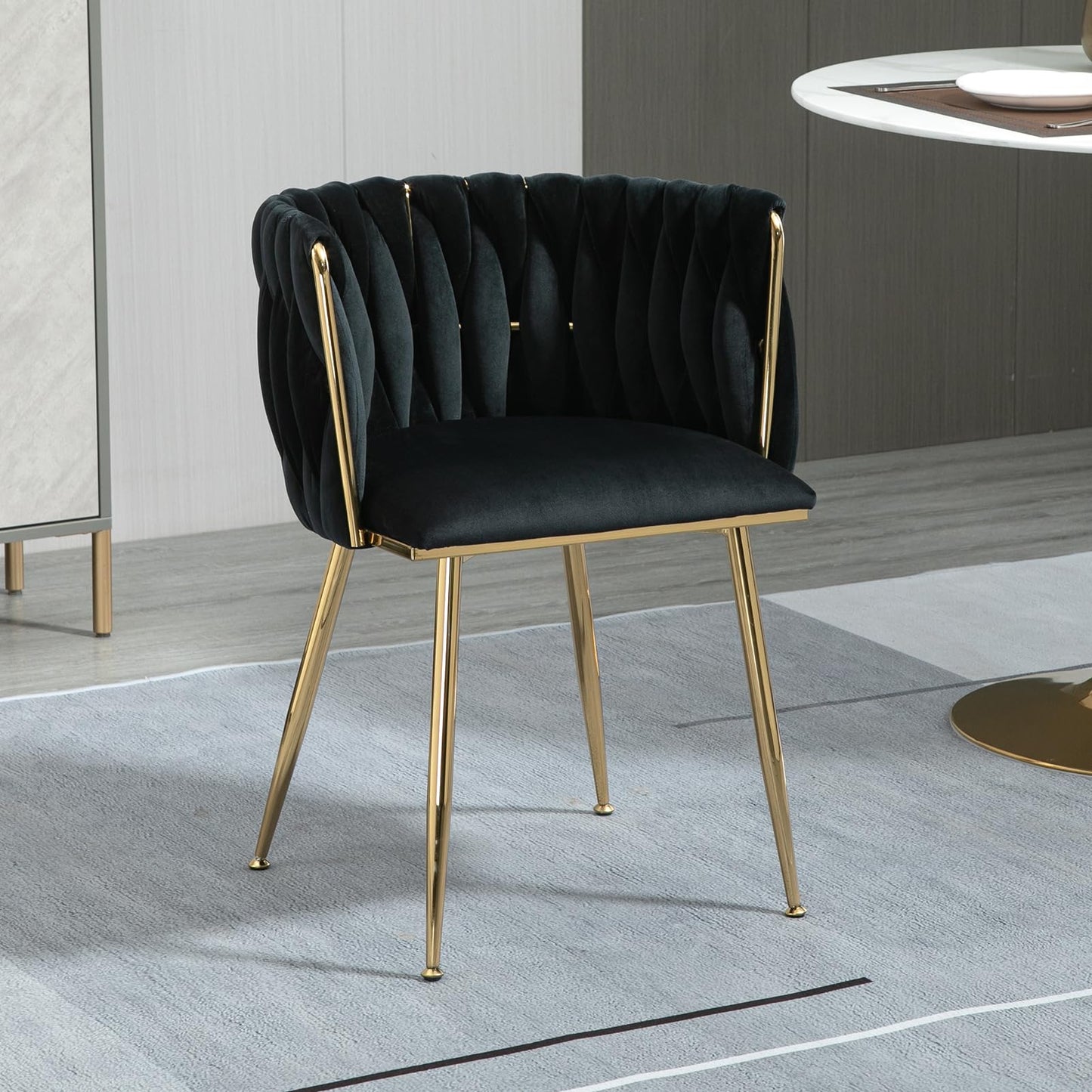 ECHINGLE Velvet Dining Chairs Set of 4, Modern Upholstered Woven Dining Chairs with Gold Metal Legs, Modern Accent Chairs for Dining Room, Vanity, Kitchen, Living Room(Black)