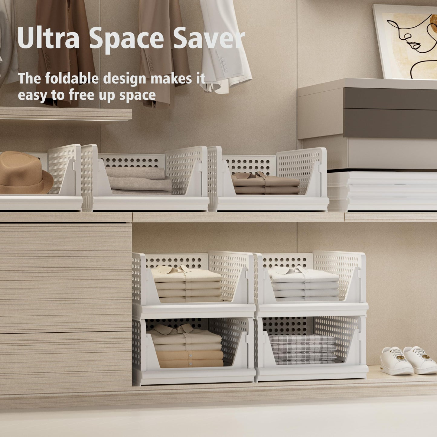 Proarea Stackable Plastic Storage Basket Closet Organizer Bin Foldable Clothes Organizer Storage Drawer Shelf Container for Living Room Bathroom Kitchen Office