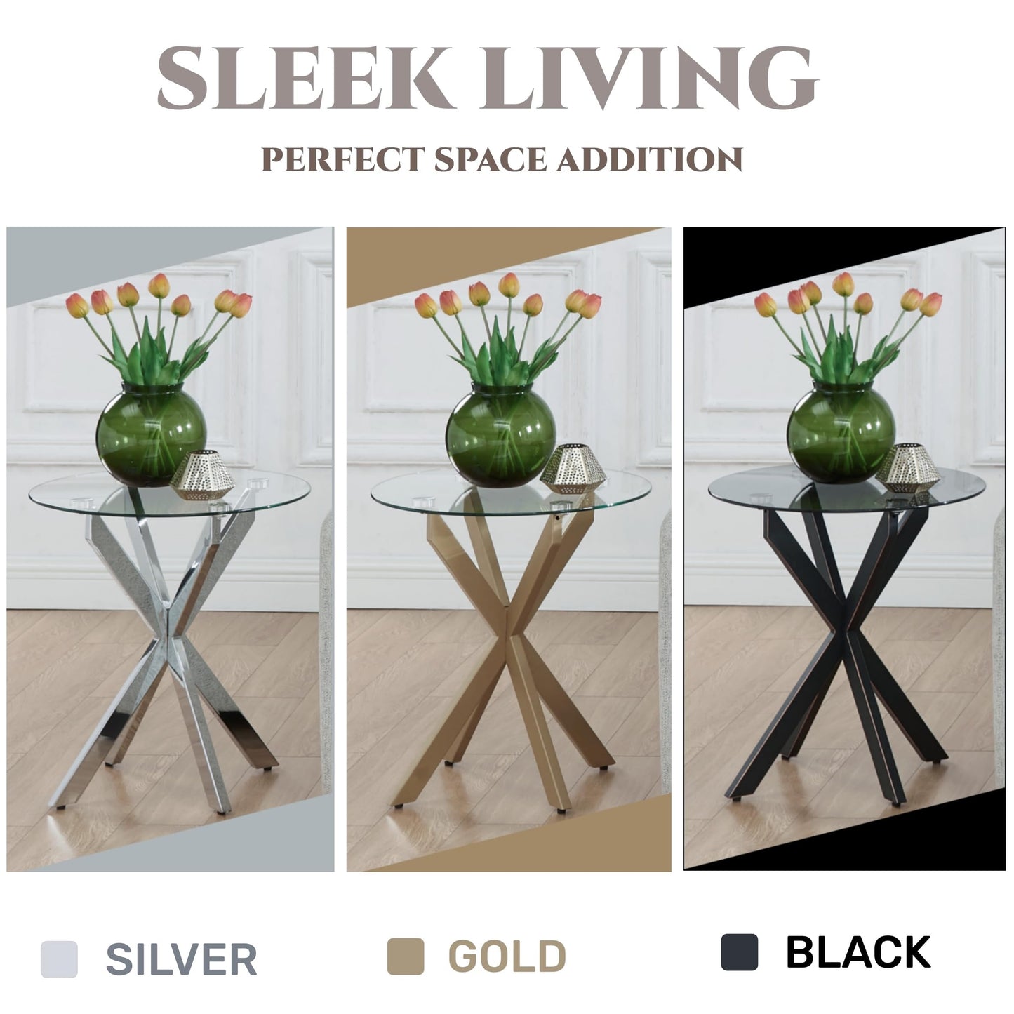 Modern Glass End Table, Small Round Side Table for Couch, Sofa Table with Grey Tempered Glass Top for Living Room, Bedroom, Bedside, 19.7" Wx21.7 H Black