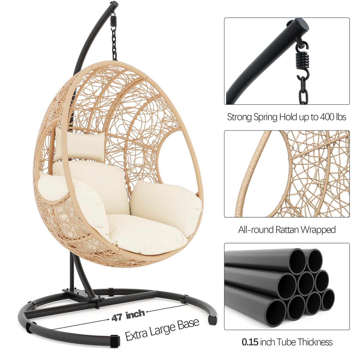 LUTINLIX Oversized Hanging Egg Chair Outdoor Indoor, Wicker Swing Egg Chair with Stand 400lbs Capacity for Bedroom, Patio, Garden and Balcony (Beige-nest, Oversize)