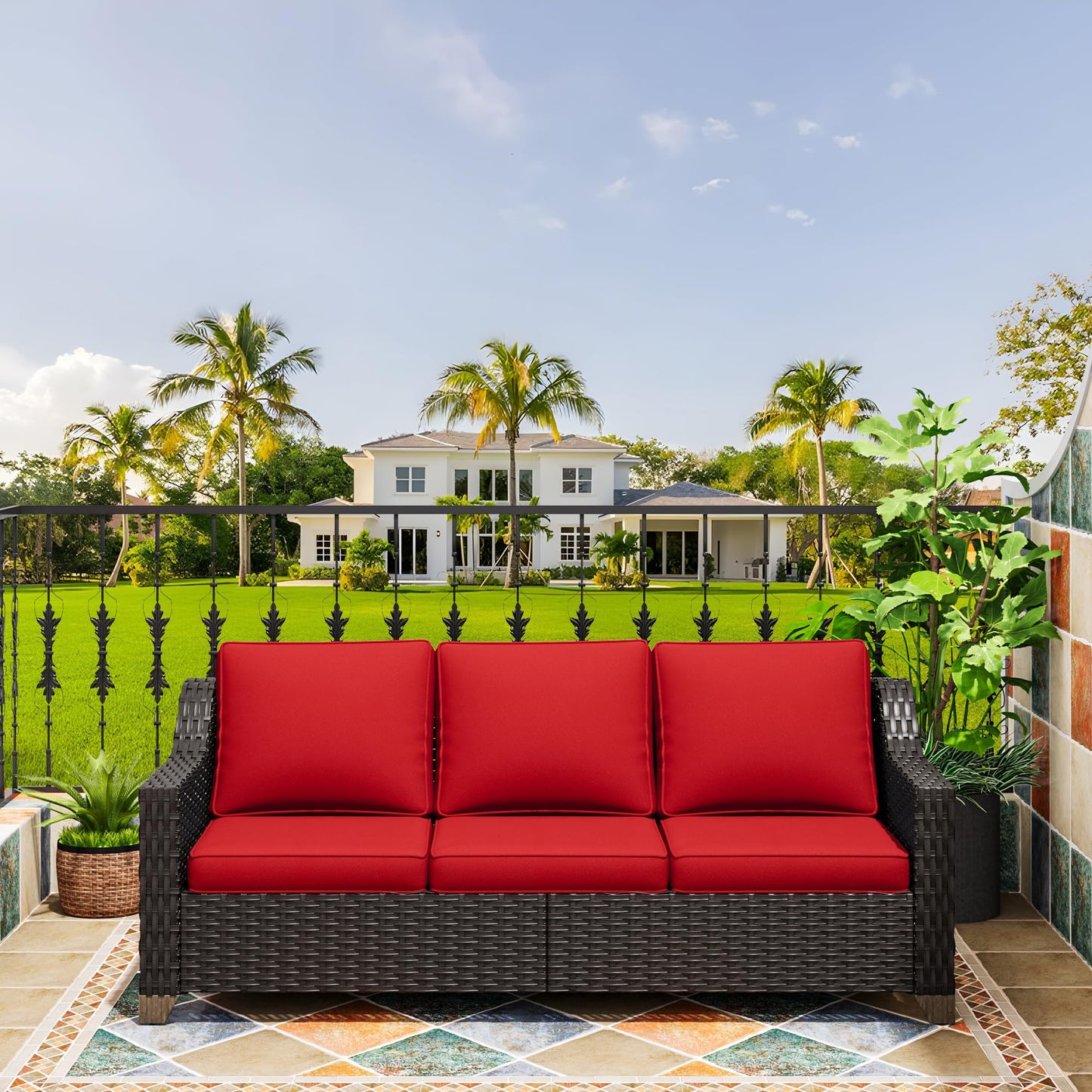 MeetLeisure 77'' Patio Sofa, All Weather Outdoor Rattan Wicker 3-Seat Sofa High Back Couch with Premium Cushions for Garden Backyard Porch(Brown/Red)
