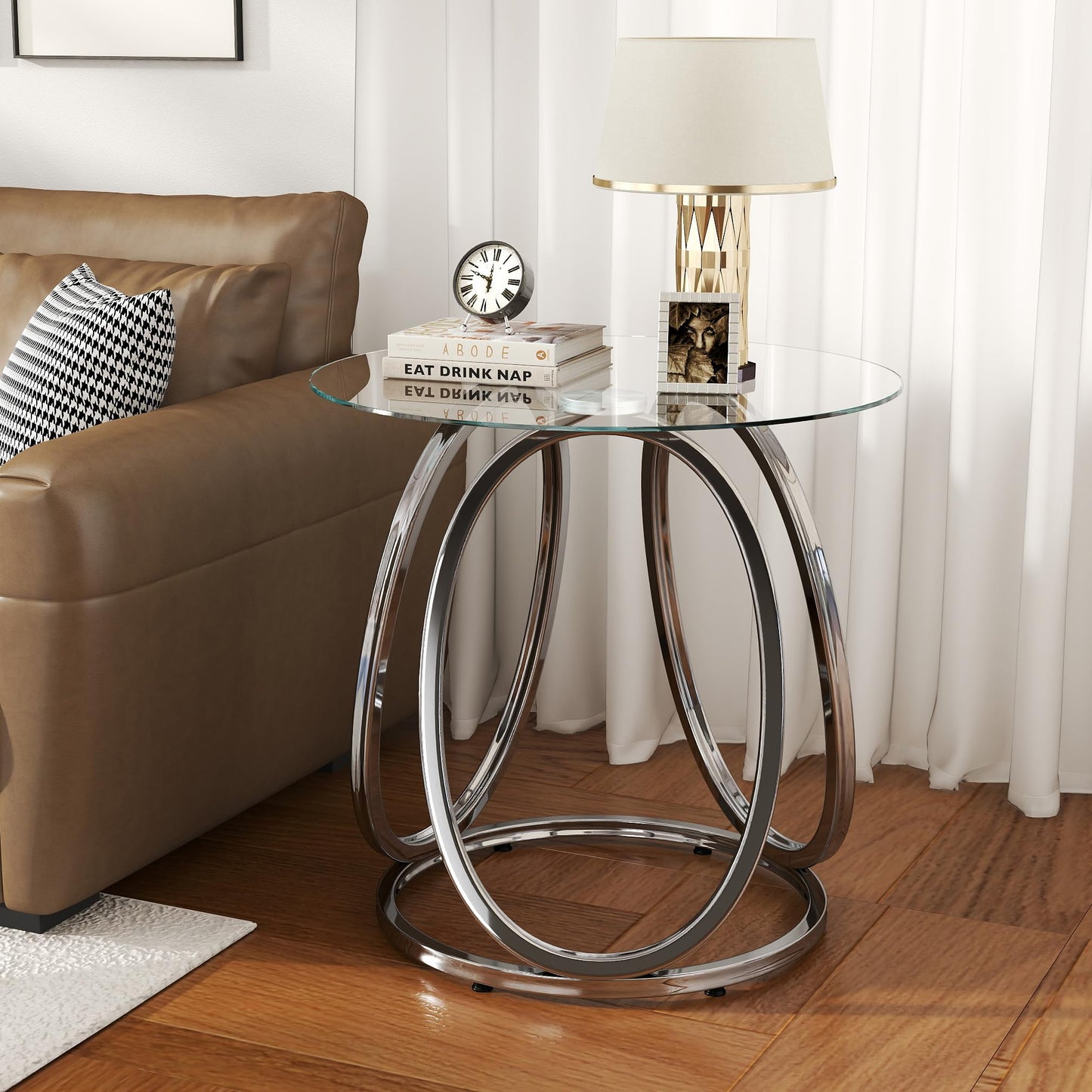 O&K FURNITURE Silver End Table for Living Room, Glass Side Table for Bedroom, Modern Round Glass Nightstand with Metal Frames for Home Office, Chrome Finish, 1 PC