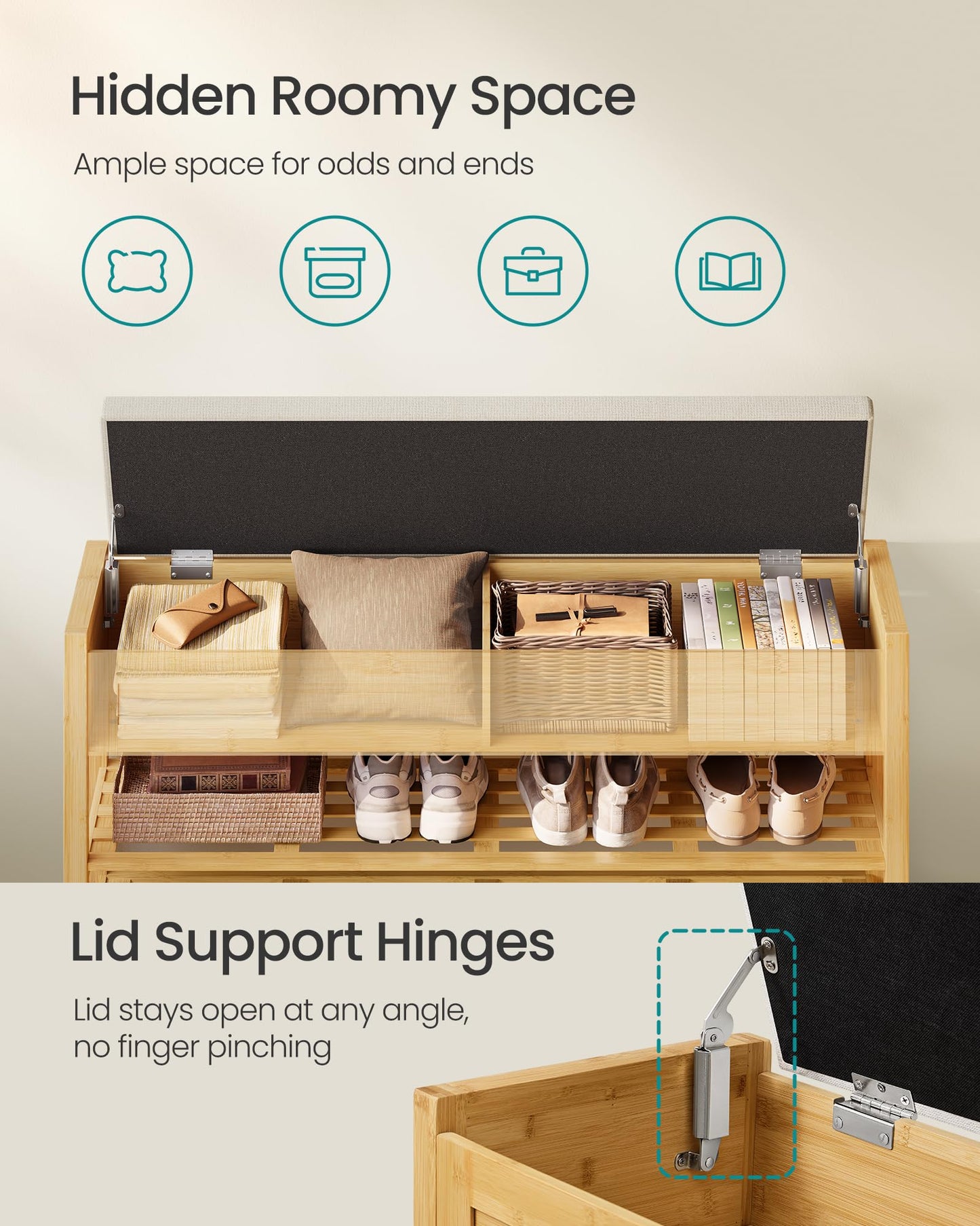SONGMICS Storage Bench, Bamboo Shoe Rack, Entryway Furniture, 31.5 Inches Wide, Hidden Storage Compartments, 2-Tier Shoe Shelves, for Entryway, Living Room, Bedroom, Dorm, Natural Beige ULSB056N01