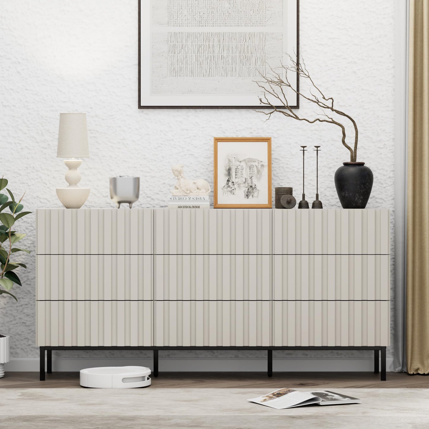UEV 3 Piece Bedroom Dresser Set, Long 9 Drawer Dresser & 2 Drawer Nightstands with Open Shelf, Modern Wooden Chest of Drawers & Nightstand Sets for Bedroom, Living Room, Entryway, Beige