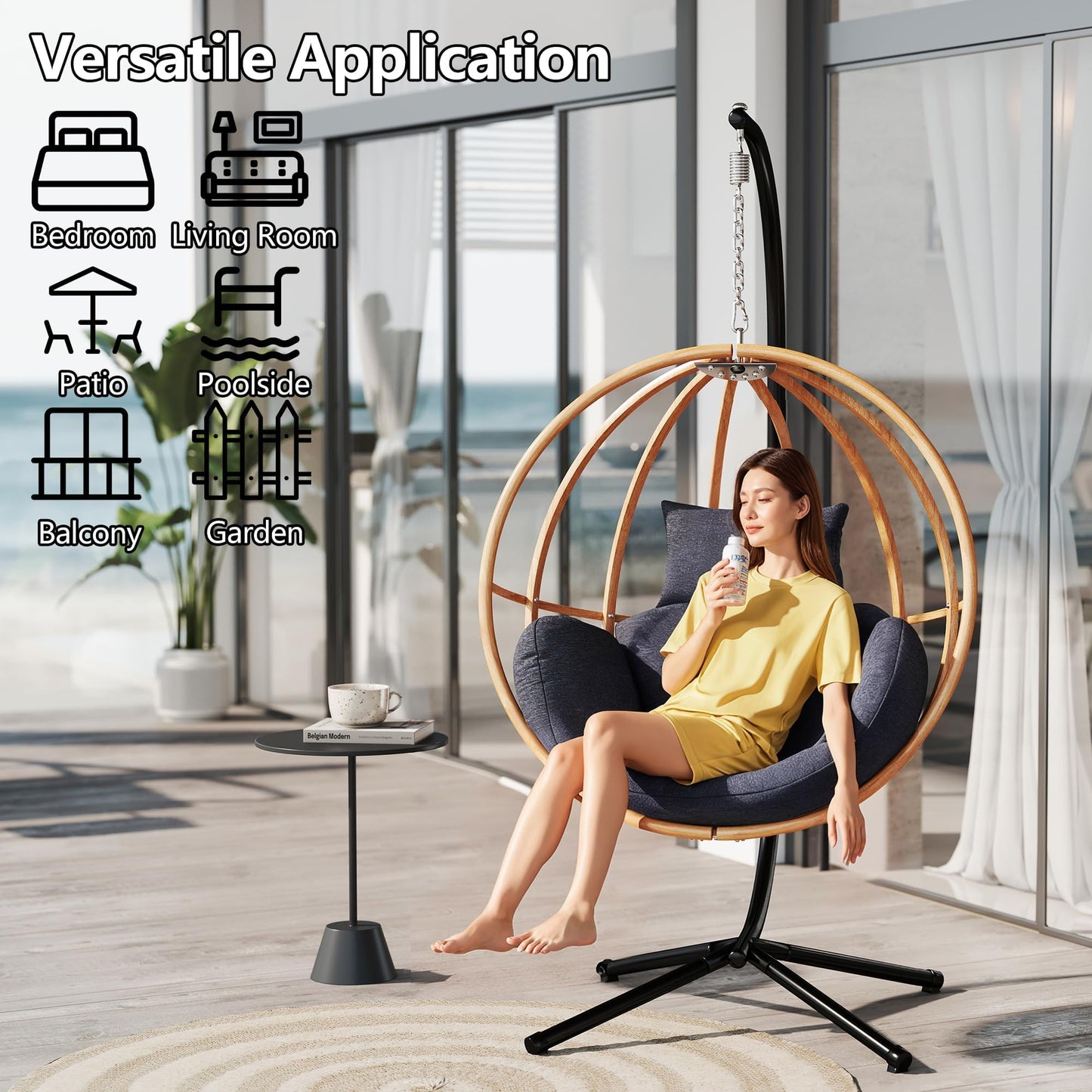 DAYARUS Egg Swing Chair with Stand, Metal Hanging Egg Chair with Cushions, Heavy Duty 400LBS Imitation Wicker Egg Chairs Outdoor, 80" H Hanging Chairs Cozy Basket Seat for Bedroom/Balcony, Charcoal