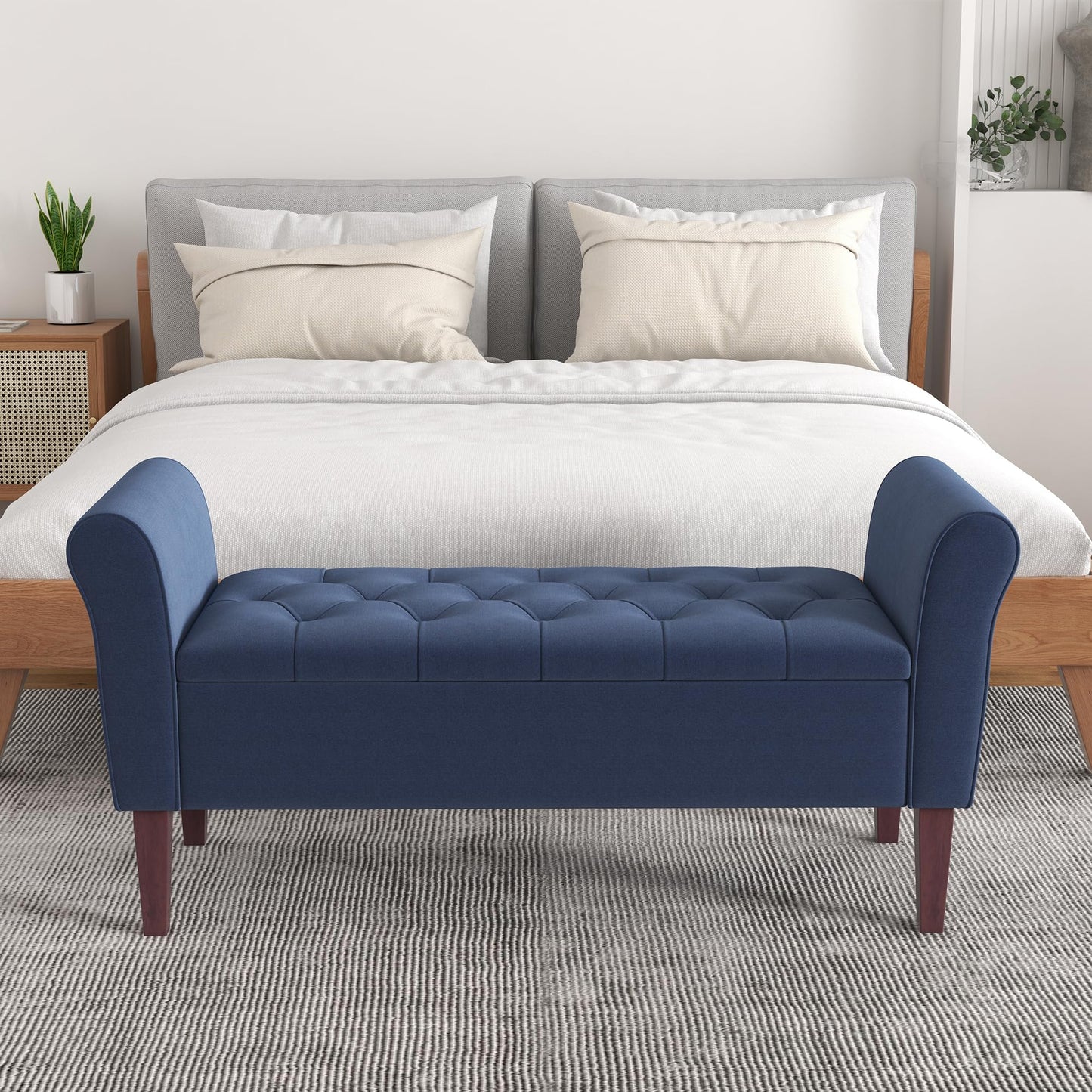 HUIMO 48" Arm Storage Ottoman with 7.5-inch Solid Wood Legs, Storage Bench, Upholstered Window Sitting Bench for Bedroom,End of Bed Bench Indoor, Livingroom, Entryway (Dark Blue)