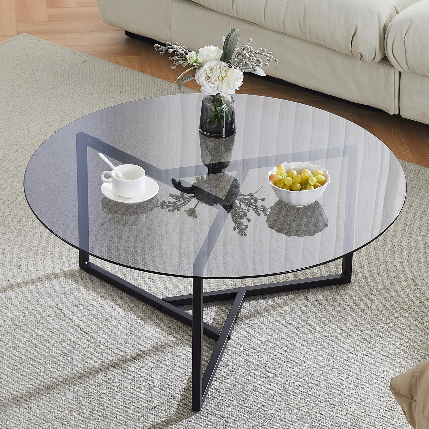 CLIPOP Small Round Coffee Table, Tempered Glass Coffee Table with Triangle Structure Metal Frame, Adjustable Feet Padded, Modern Coffee Table for Living Room, Small Space, Black
