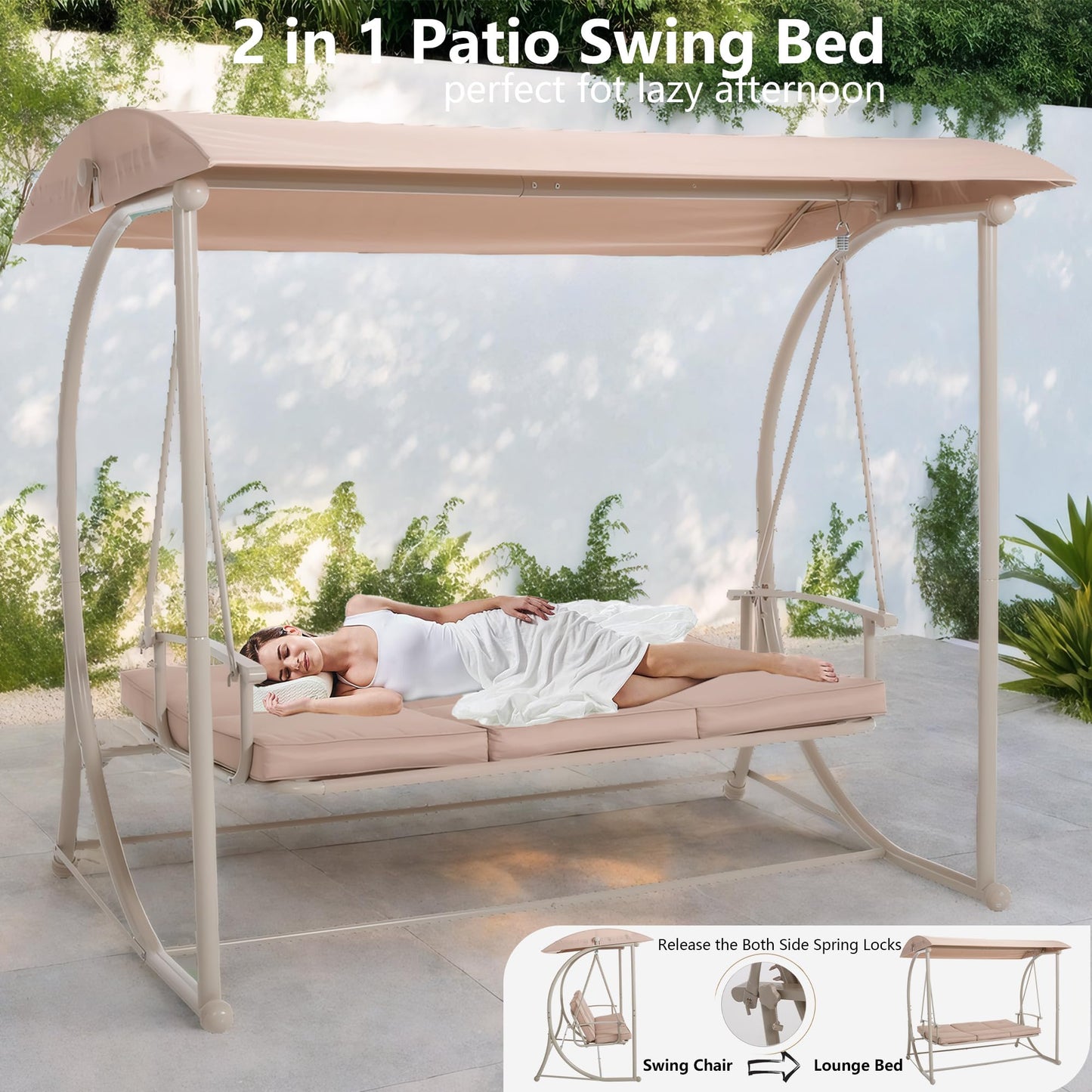 DAYARUS Modern Porch Swing with Stand, 3 Person Outdoor Patio Swings with Canopy, All Weather Backyard Swing for Adults, 2 in 1 Patio Swings Bed with Cushions, 600LBS Heavy Duty Outdoor Swing, Khaki