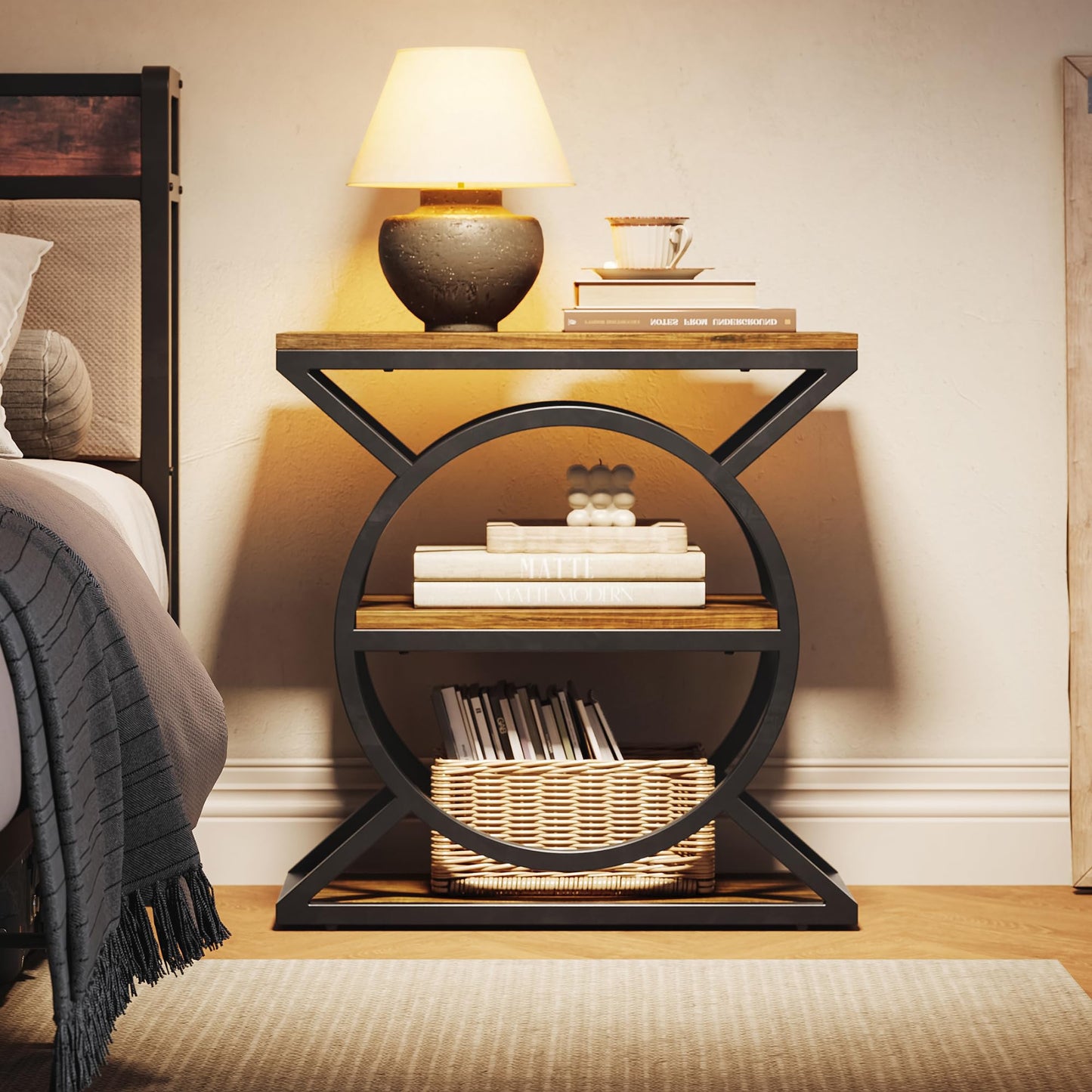 LIKEMET End Table, 3-Tier Small Table with Storage, Narrow Sofa Side Table with Geometric Metal Frame, Industrial Nightstand for Living Room, Bedroom, Rustic Brown and Black