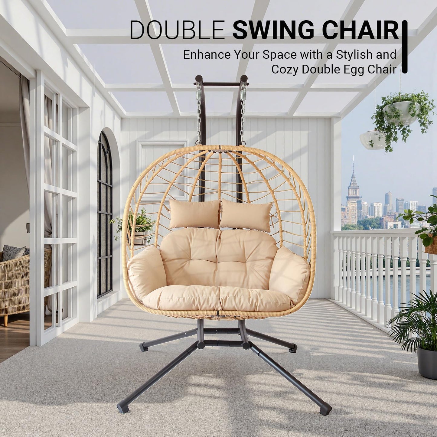 Double Egg Chair with Stand, Patio Wicker Hanging Swing Egg Chair Thickened, Galvanized Pipe Steel Frame and UV Resistant Cushion for Bedroom Garden Indoor Outdoor, 440LBS Capacity (Natural Beige)
