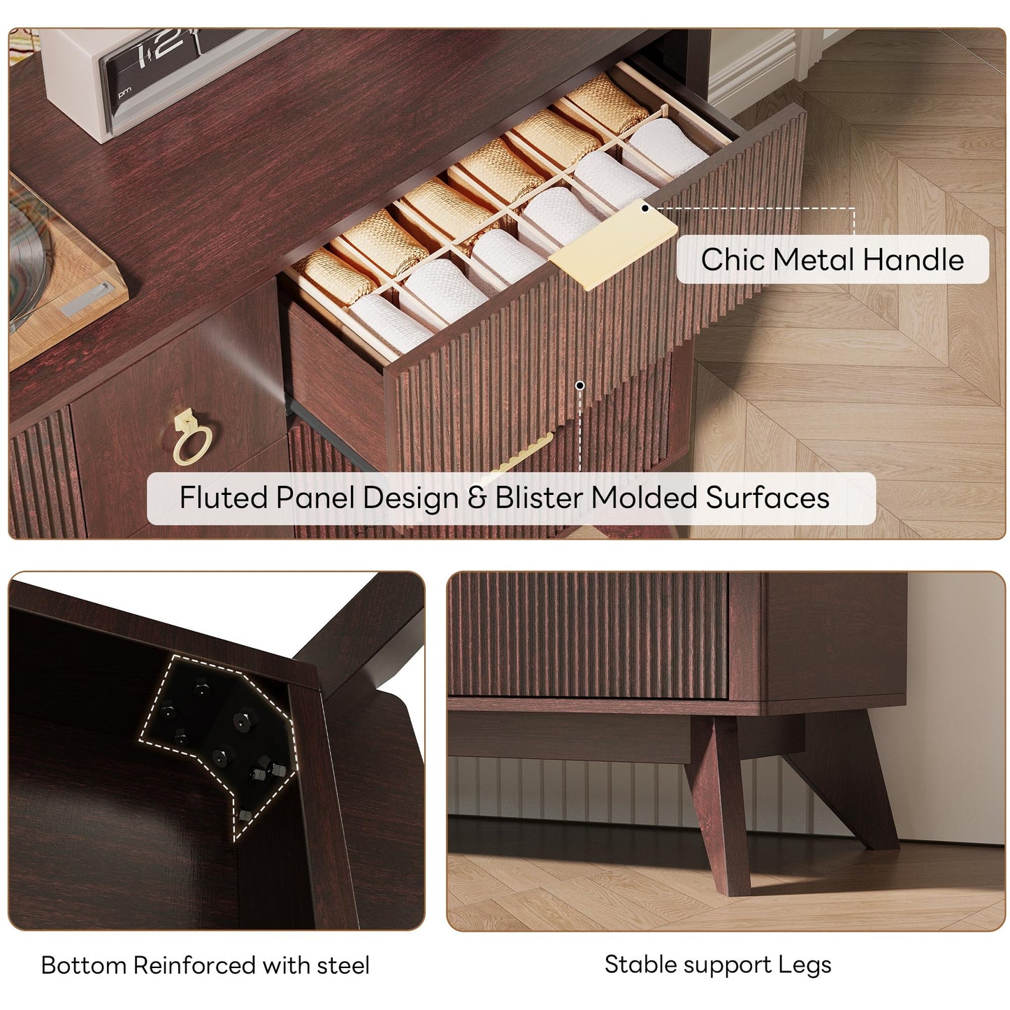 LIKIMIO Dresser for Bedroom 9 Drawers with LED Light, 55" Wide Fluted Chest of Drawers, Wood Closet Organizer, TV Stand for Living Room, Walnut