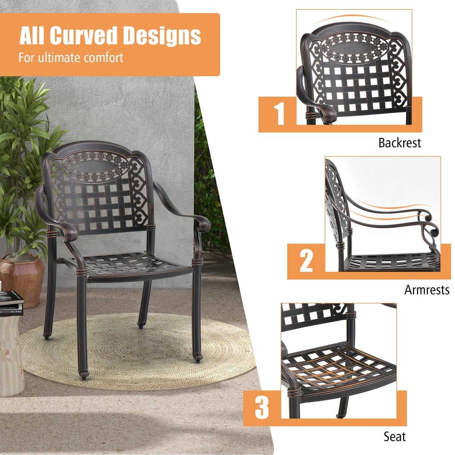 Tangkula Set of 4 Cast Aluminum Patio Dining Chairs, Stackable Outdoor Dining Chairs with Armrests, Outdoor Bistro Chairs for Balcony, Backyard, Garden