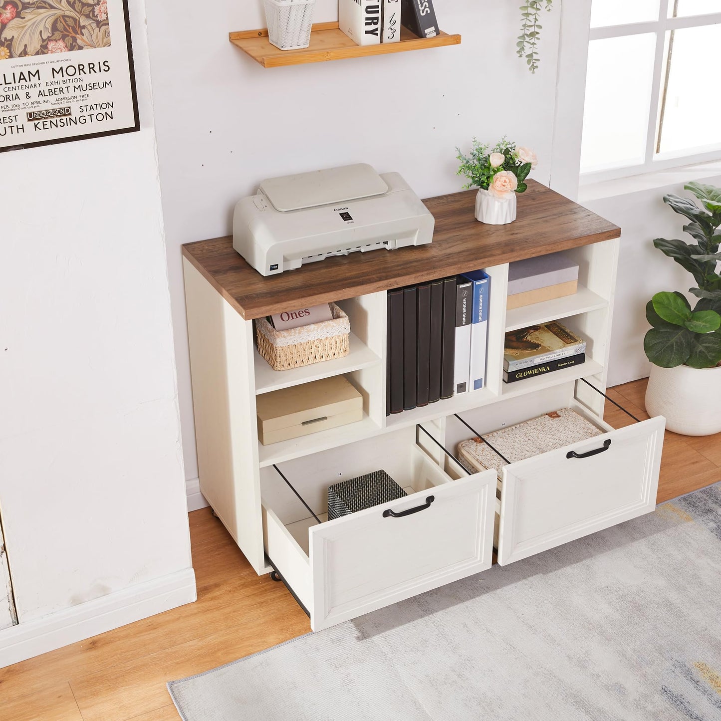 boknight 40" Lateral File Cabinet,Farmhouse Wood Small Home Office Storage with Wheels,Filing Cabinet with 2 Drawers for Legal/Letter/ A4 Size