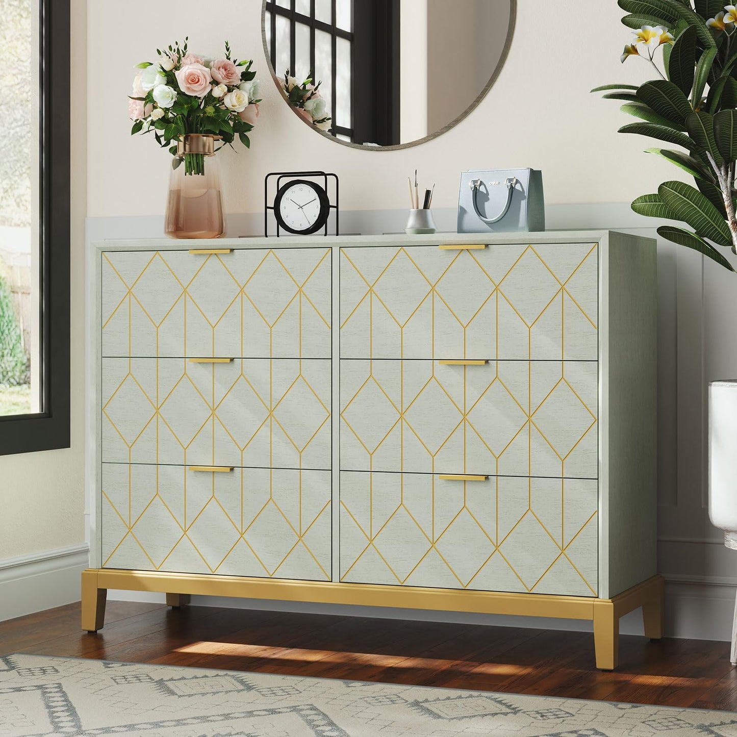 HLR Green Dresser with 6 Drawers,48" Modern Dresser Wide Chest of Drawers with Gold Lines Carved Design, TV Stand, Wood Dressers & Chest of Drawers for Bedroom, Living Room, Hallway