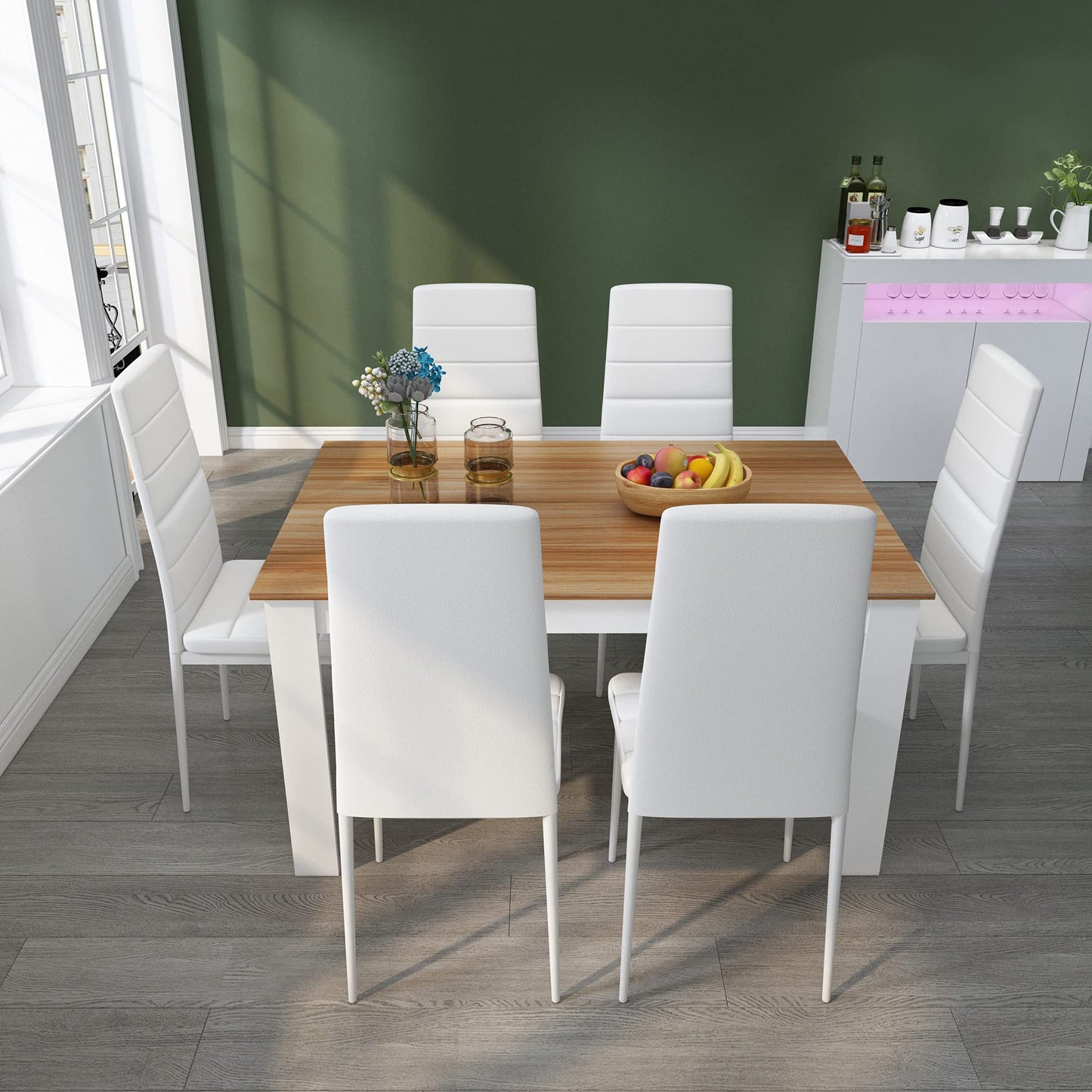 Mondeer Dining Table and Chairs Set 6, 7 Pieces Kitchen Table Set with High Back Faux Leather Chair for Dining Room Kitchen Rectangular Modern (Oak Table White Chairs)