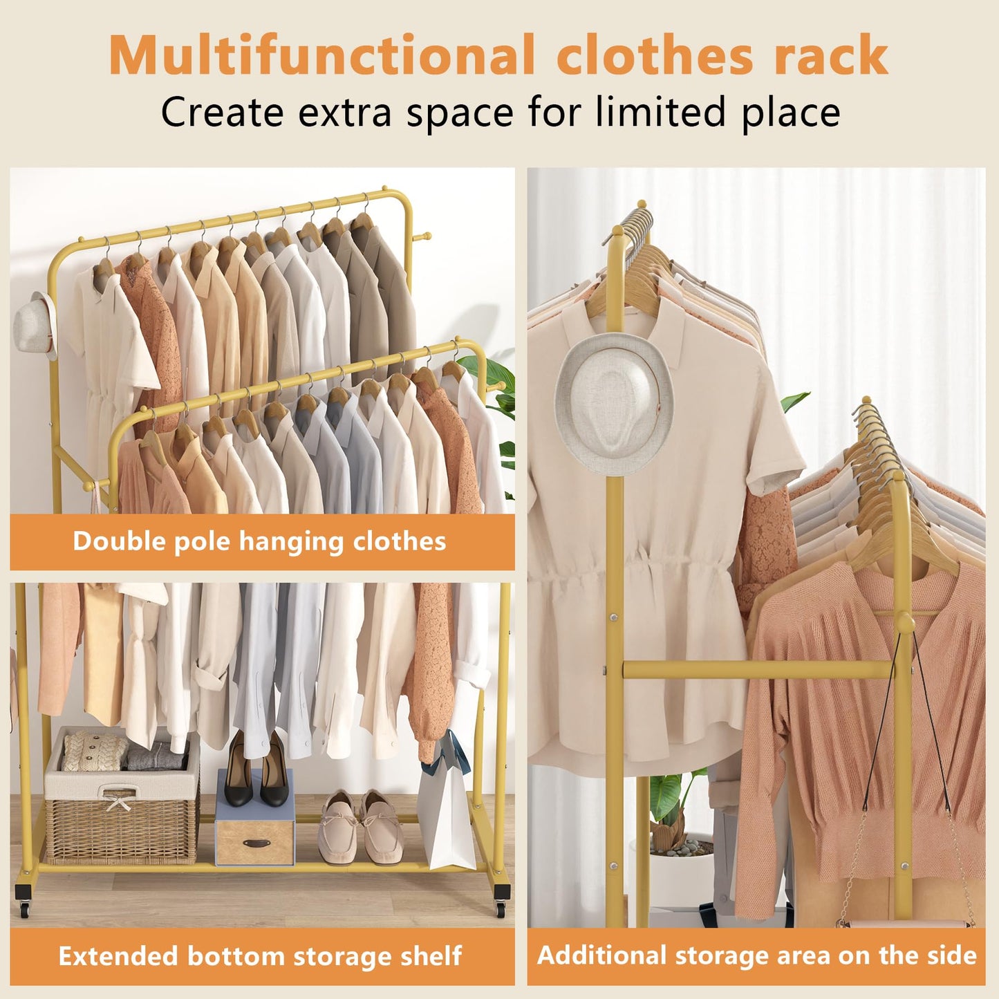 Laiensia Double Rods Garment Rack with Wheels, Clothing Rack for Hanging Clothes,4 Hooks, Multi-Functional Bedroom Clothes Rack, Gold