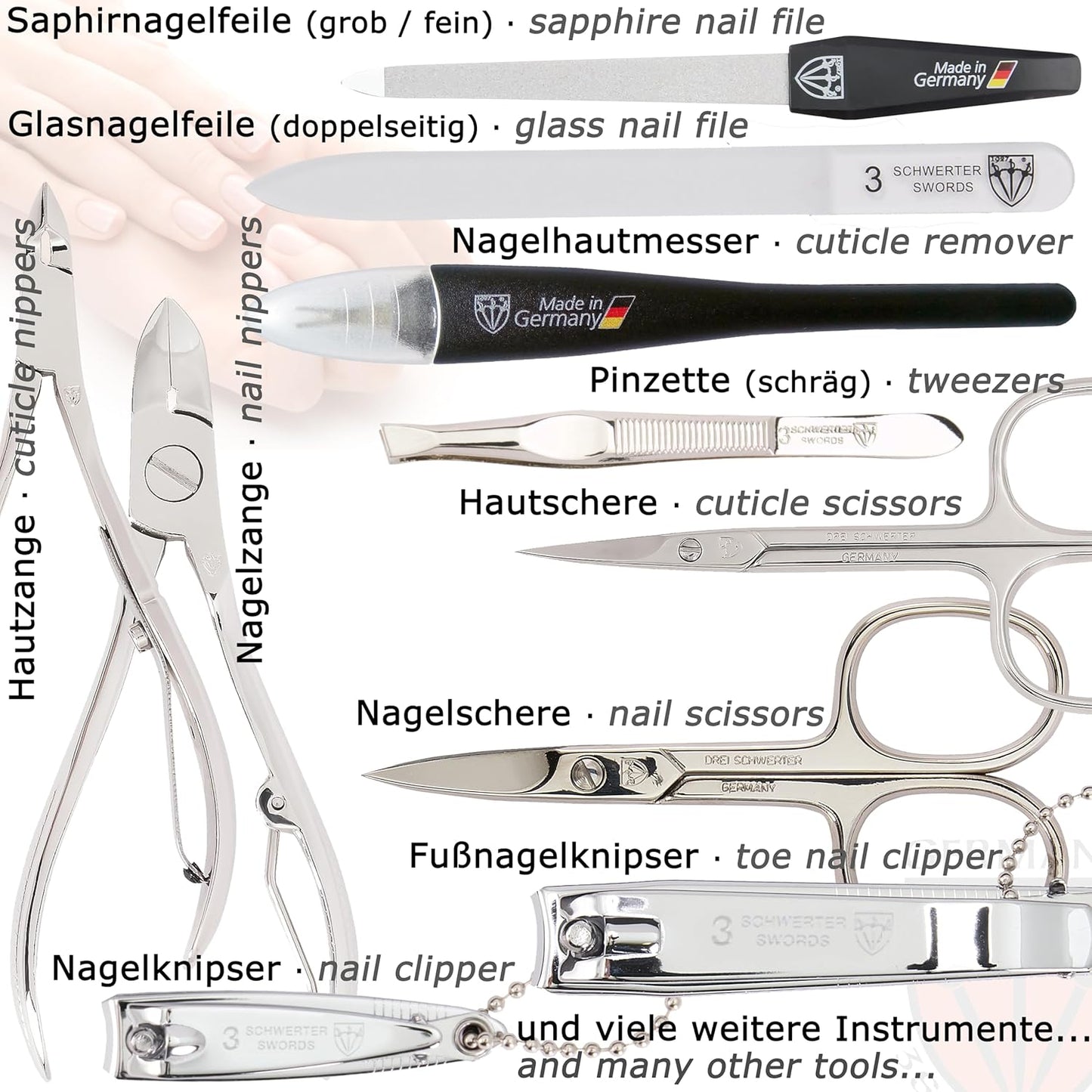 3 Swords Germany - brand quality 16 piece manicure pedicure grooming kit set fashion leather case mint, Made in Germany