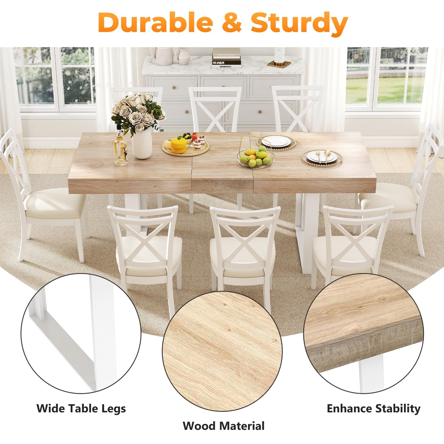 Zevemomo 63"-78.7" Expandable Dining Table, 6-10 Farmhouse Kitchen Table, Extendable Dining Table, Rectangular Kitchen Table with Metal Track, Tapered U-Shaped Legs for Dining Room, Office-Oak