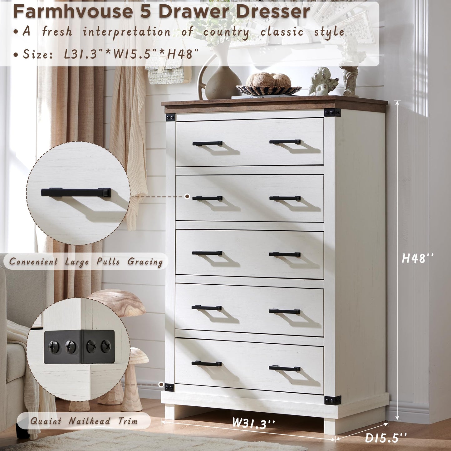 T4TREAM Farmhouse 5 Drawers Dresser for Bedroom, 48" Tall Wood Chest of Drawers w/Natural Texture & Metal Handle, Rustic Storage Dressers Organizer for Living Room, Hallway, Antique White