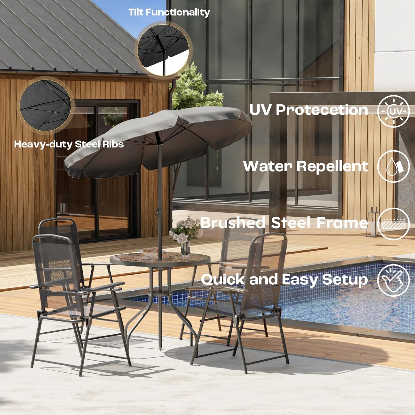 PUKAMI 6 Piece Folding Patio Dining Set with Umbrella, Outdoor Table and Chair with 4 Dining Chairs and Round Glass Table for Garden, Backyard and Deck, Black