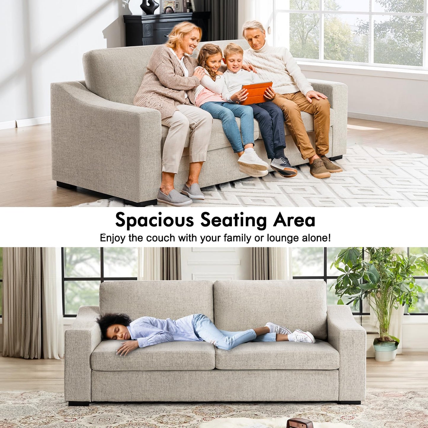 ELUCHANG Oversized 85" Deep Seat Sofa, Modern Couches for Living Room, 3 Seater Natural Linen Sofa, Upholstered Cushion & Detachable Cover, Comfy Sofa Couch for Apartment, Oatmeal