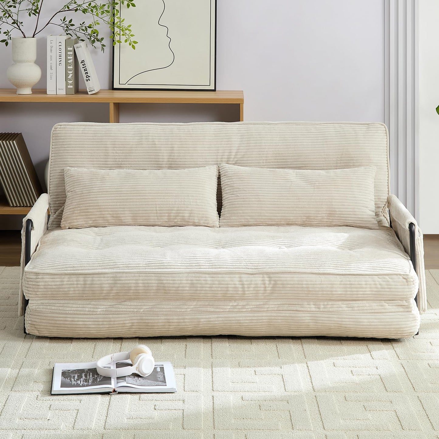 PUREMIND Adjustable Floor Sofa Couch with 2 Pillows, Convertible Pull Out Sofa Bed with Adjustable Backrest, Multi-Functional Lazy Armchair Sleeper Bed, Foldable Single Chairs for Living Room
