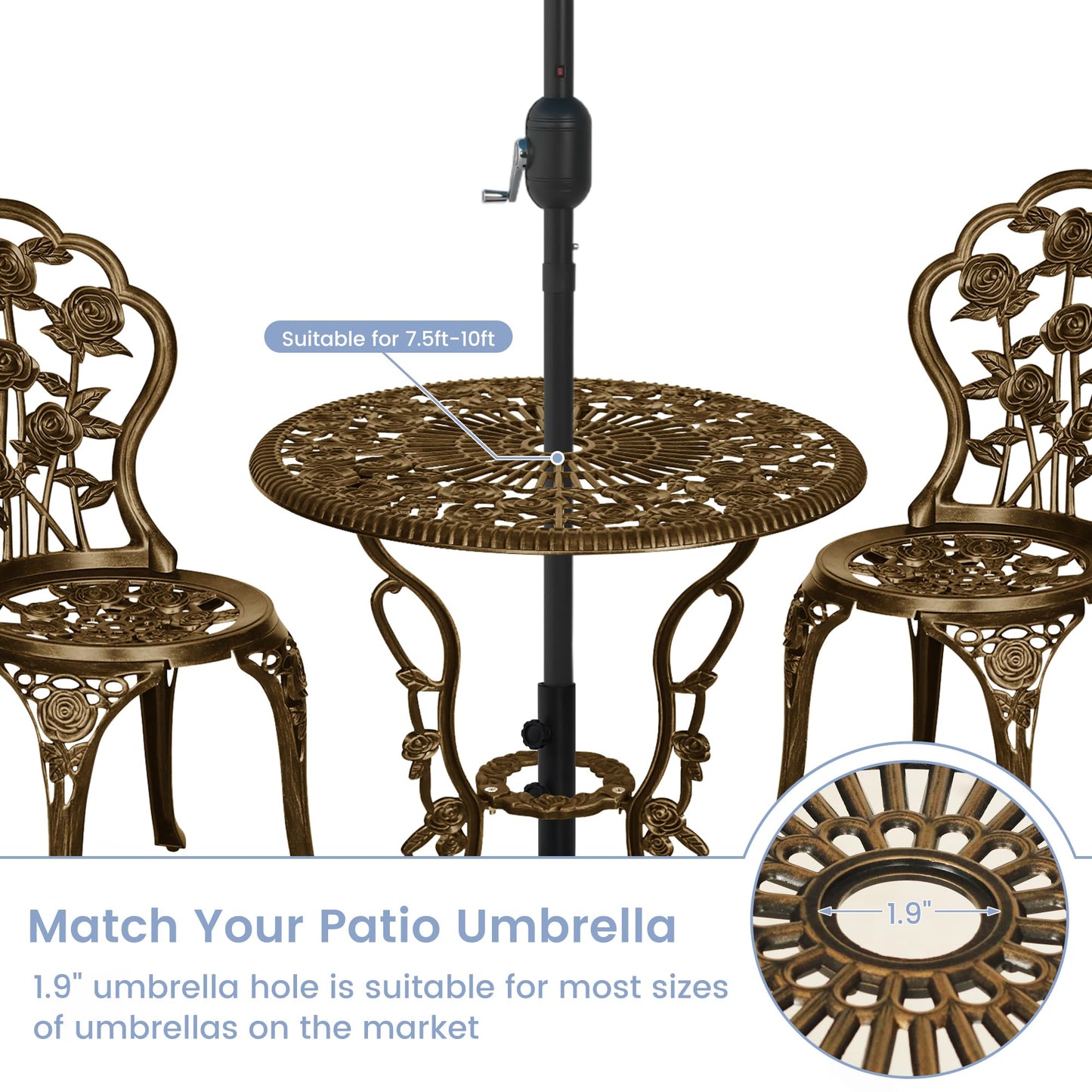 Aura Outdoor 3 Piece Patio Bistro Table Set, Outdoor Stylish Rose Flower Bistro Set with Umbrella Hole, Small Cast Aluminum Table and Chairs Set for Balcony Furniture, Dark Bronze