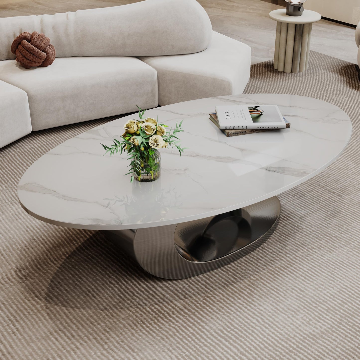 Mid Century Modern Coffee Table, 49.2" Large Oval Coffee Table w/White Faux Marble Tabletop & Silver Sculptural Stainless Steel Base, Minimalist Coffe Cocktail Center Table for Living Room Apartment