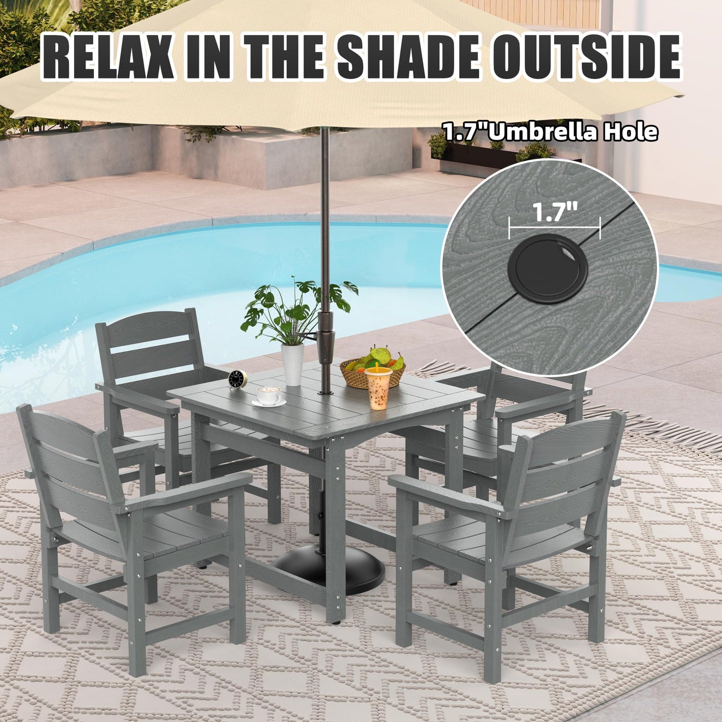 Sunnibety 5-Piece HIPS Patio Dining Set, Outdoor Dining Table and Chairs Set with Umbrella Hole, Weatherproof Dining Table Set for 6 Person, Patio Furniture Set for Outside Deck, Grey