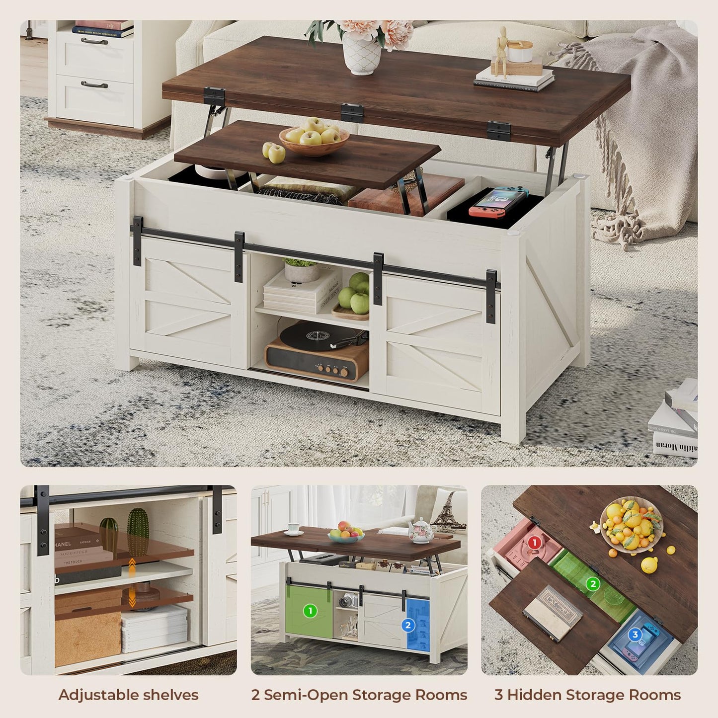UPOSOJA Lift Top Coffee Table for Living Room with 4 Sliding Barn Doors, 4 in 1 Farmhouse Coffee Table with Adjustable Shelves and Hidden Storage Compartment, Converts to Dining Table (Brown White)