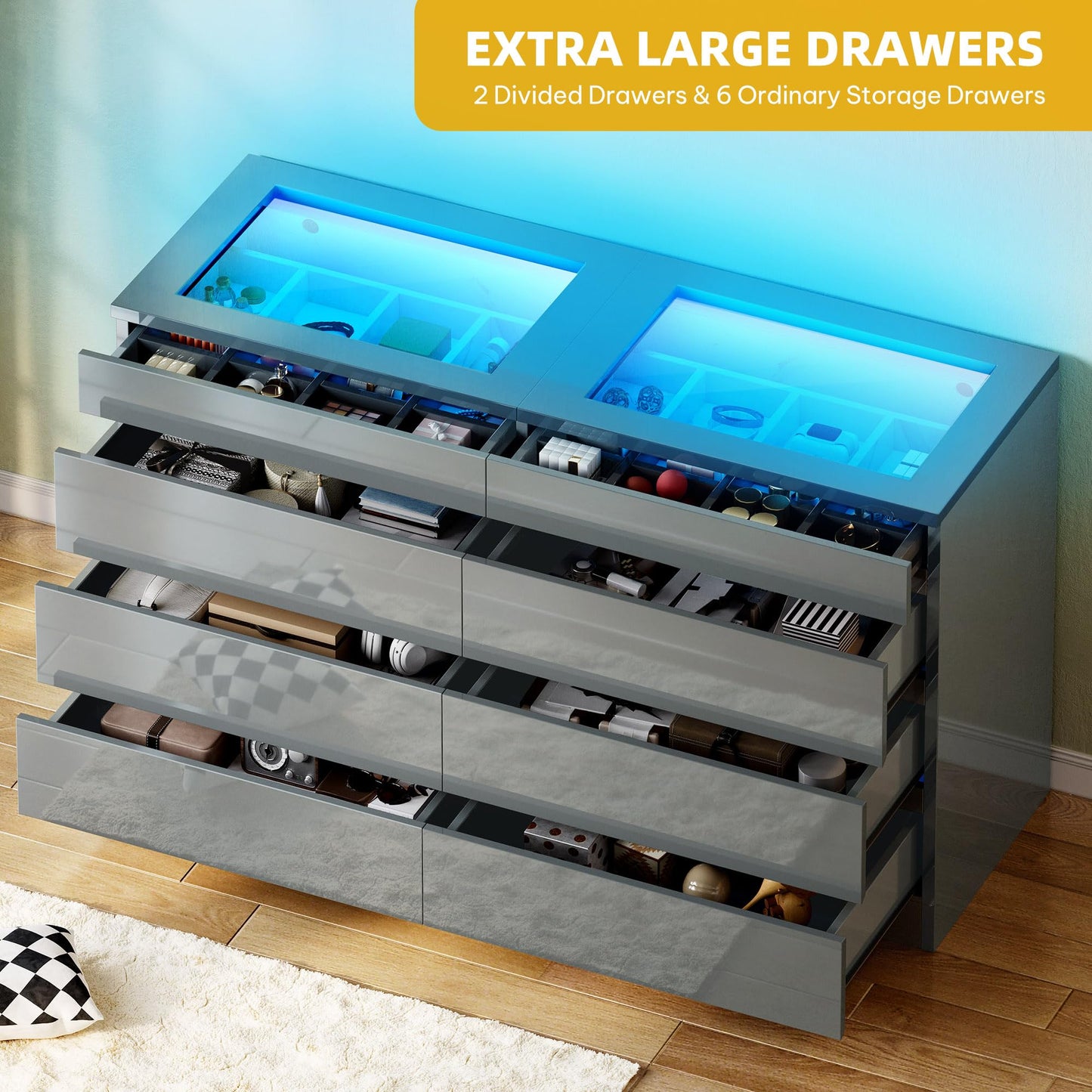 DWVO 8 Drawer Dresser with LED Light,Grey Dresser, Modern 8 Chest of Drawers with Deep Drawers Glass Top High Gloss Surface, Storage Organizer Cabinet for Living Room, Bedroom