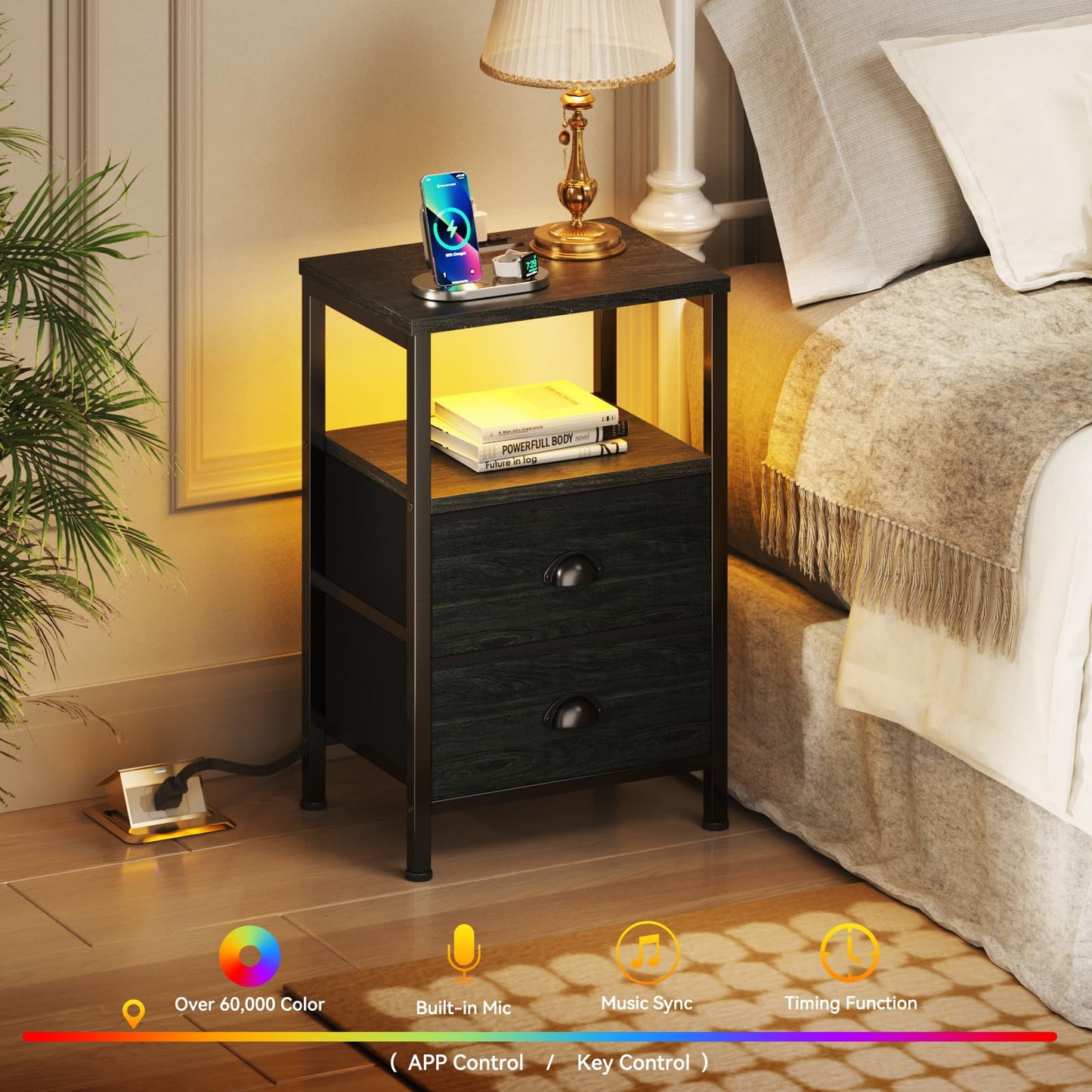Furologee Nightstands Set of 2, End Tables with Charging Station and LED Lights, Black Night Stands with 2 Fabric Drawers, Bedside Tables Set of 2 for Living Room/Bedroom,Black Oak
