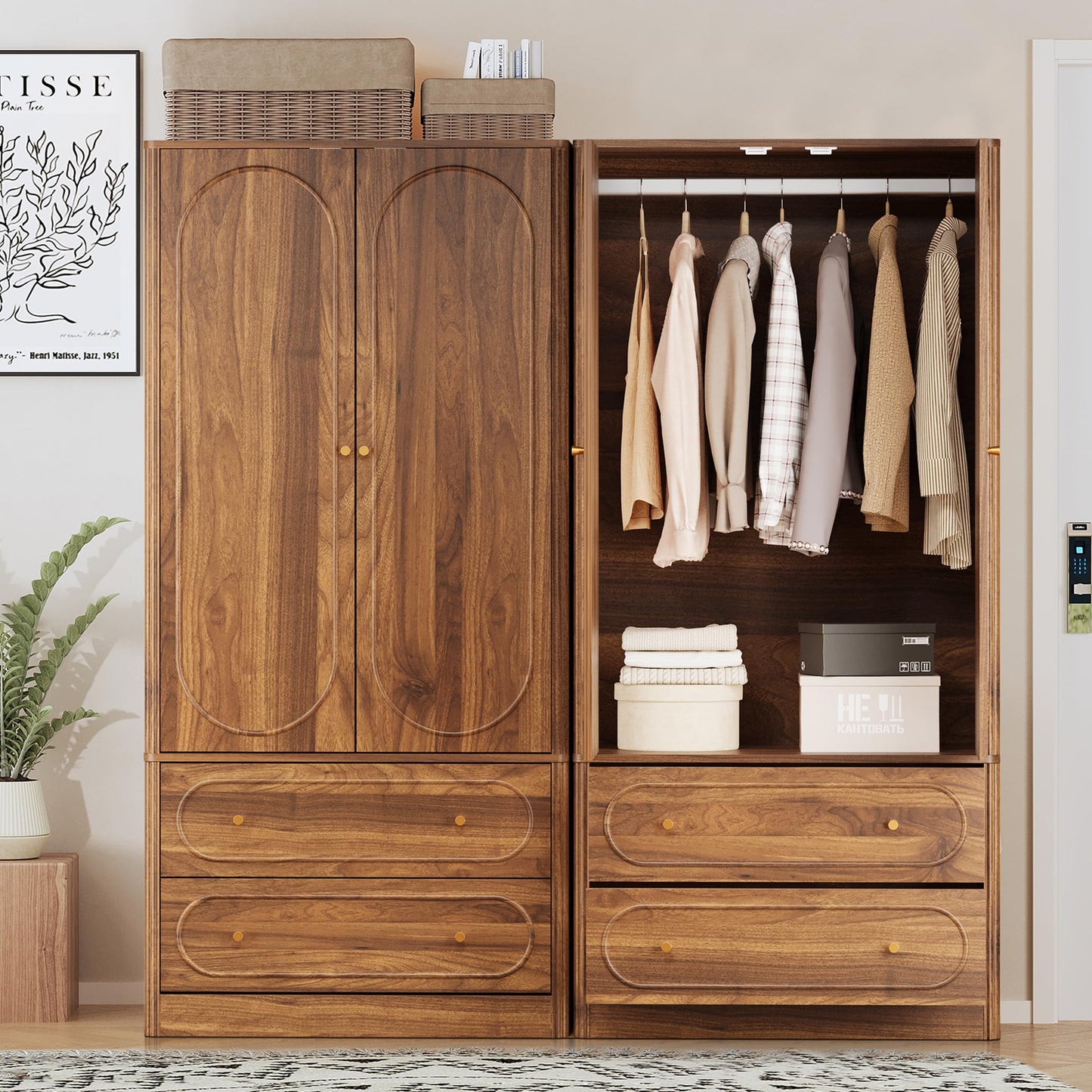 ORRD Fluted Freestanding Armoire Wardrobe Closet with 2 Doors and 2 Storage Drawers, Large Capacity Wardrobe Cabinet, Wooden Closet for Bedroom, Living Room - Walnut